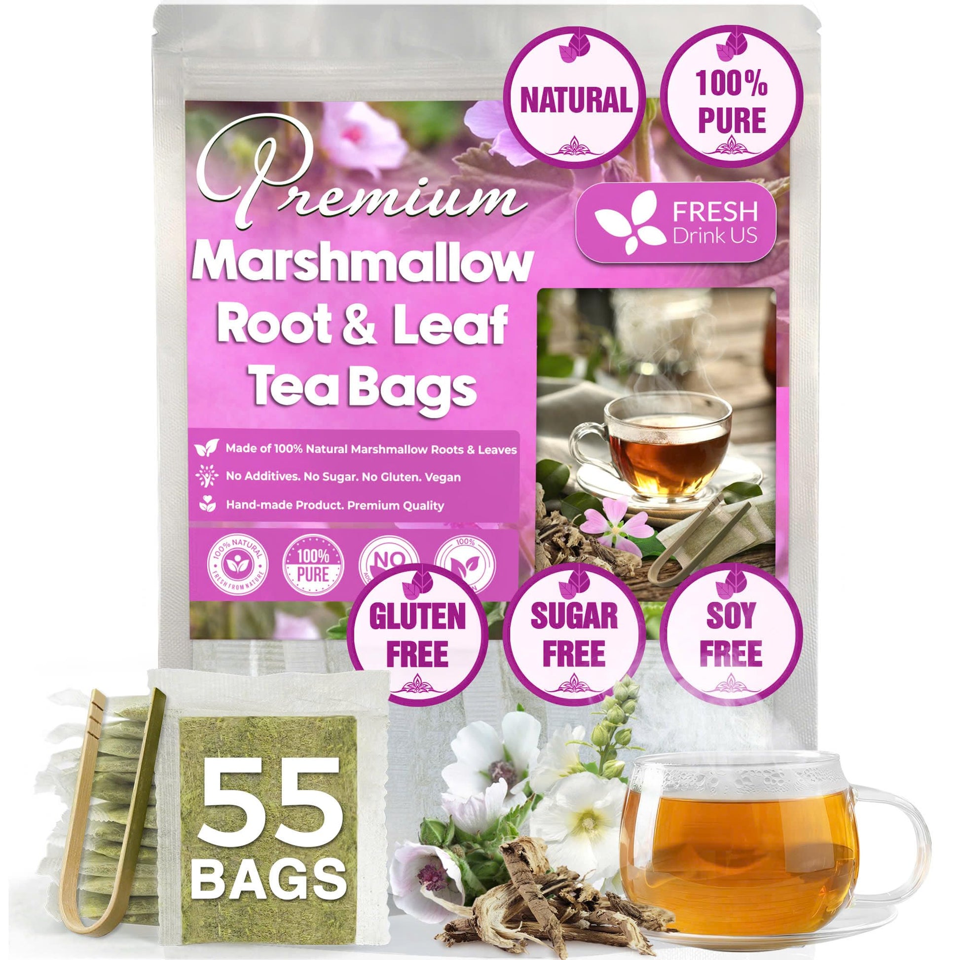 FRESHDRINKUS Premium Marshmallow Root and Leaf Tea Bags, 100% Natural, Vegan, 55 Count