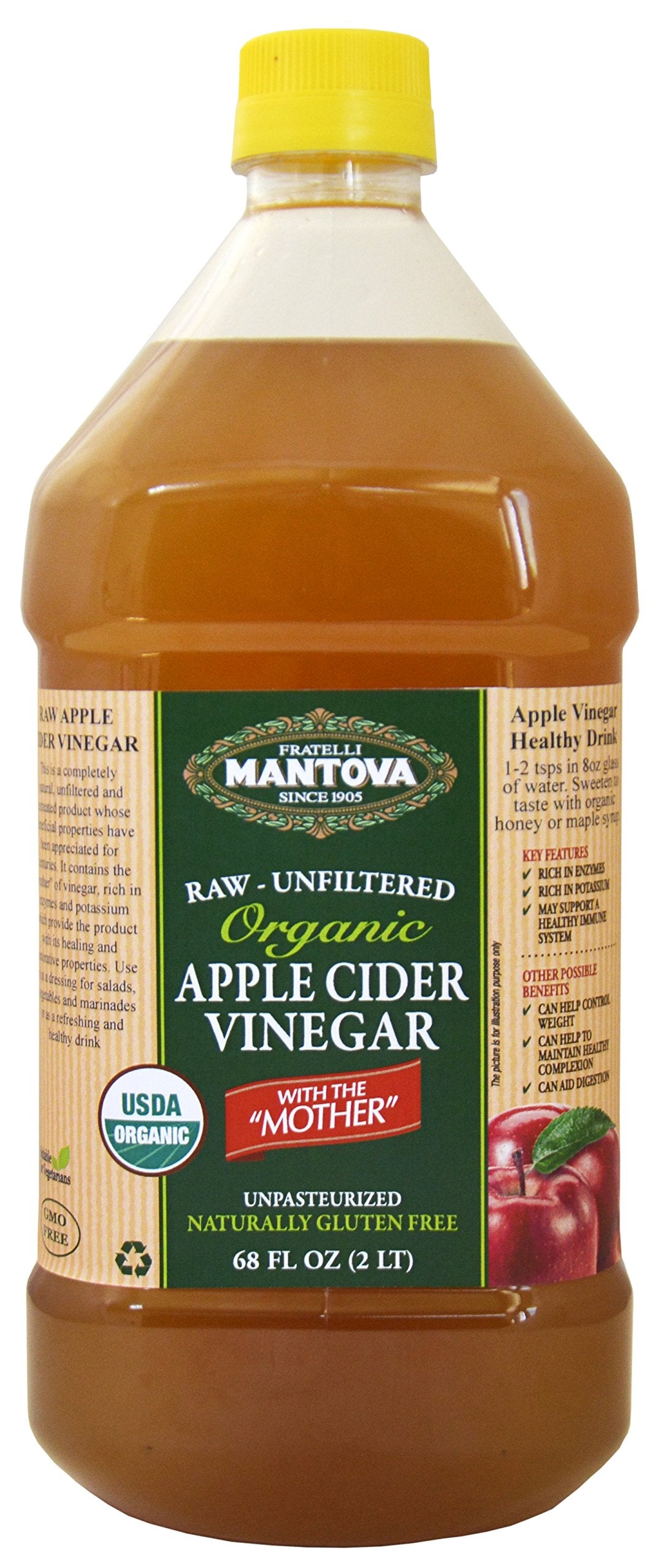 Mantova Organic Apple Cider Vinegar, Raw & Unfiltered, 68 oz, 100% USDA Certified Organic