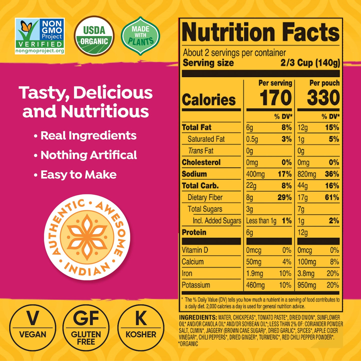 Tasty Bite Organic Channa Masala, 10 Ounce, Ready To Eat, Microwavable Entree, Vegan & Gluten Free