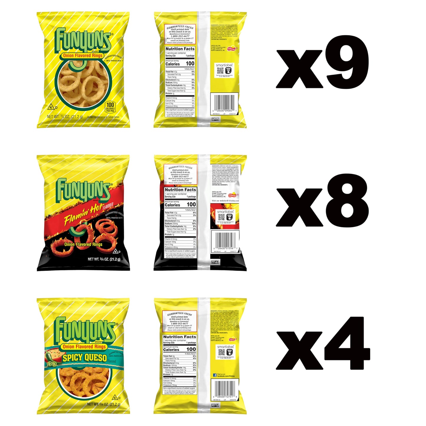 Funyuns Onion Flavored Rings, 3 Flavor Variety Pack, 0.75 Ounce (Pack of 21)