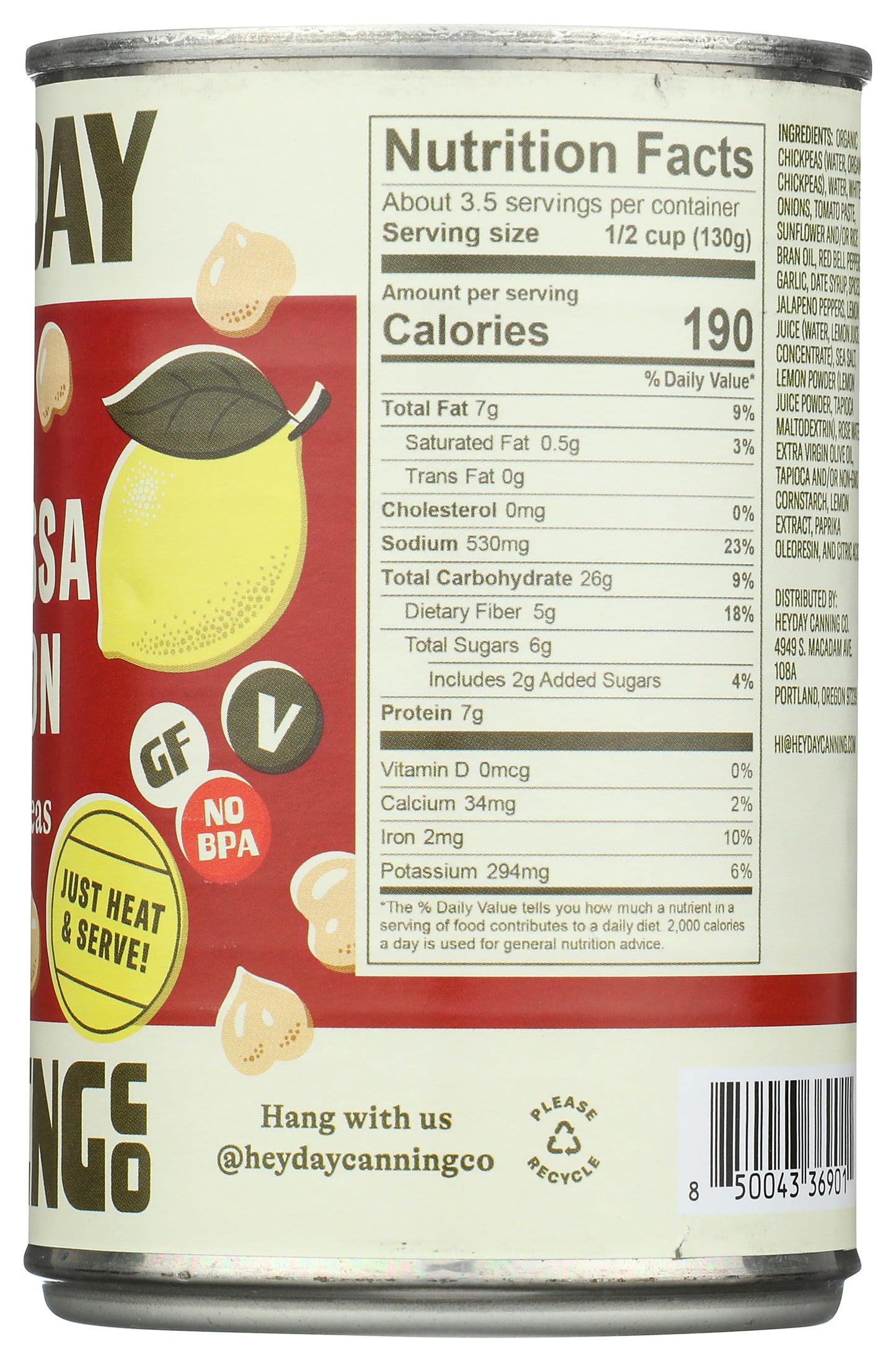 Heyday Canning Co Harissa Lemon Chickpeas, 15 OZ, Pack of 1, Vegan Snack, Gluten-Free
