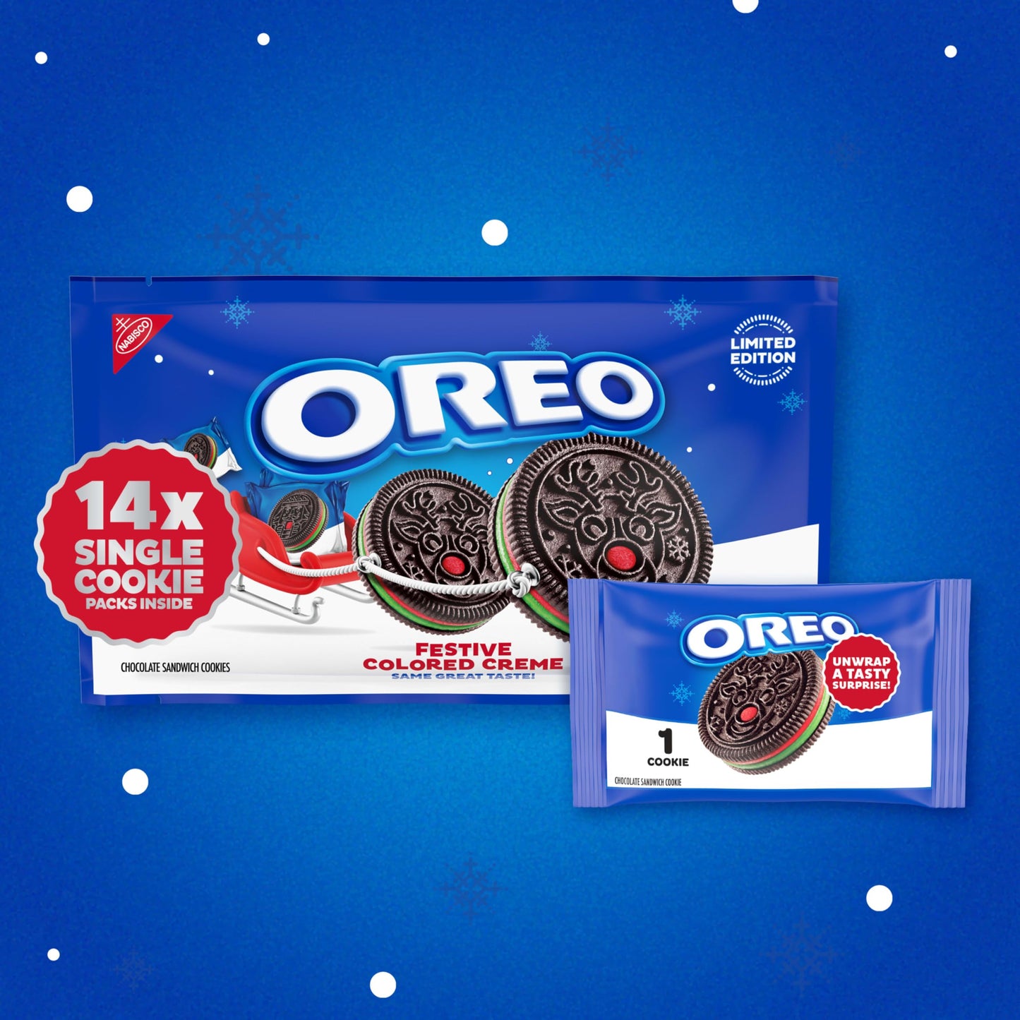 OREO Red and Green Festive Colored Creme Chocolate Sandwich Cookies  Limited Edition Holiday Cookies  14 Snack Packs (1 Per Pack)