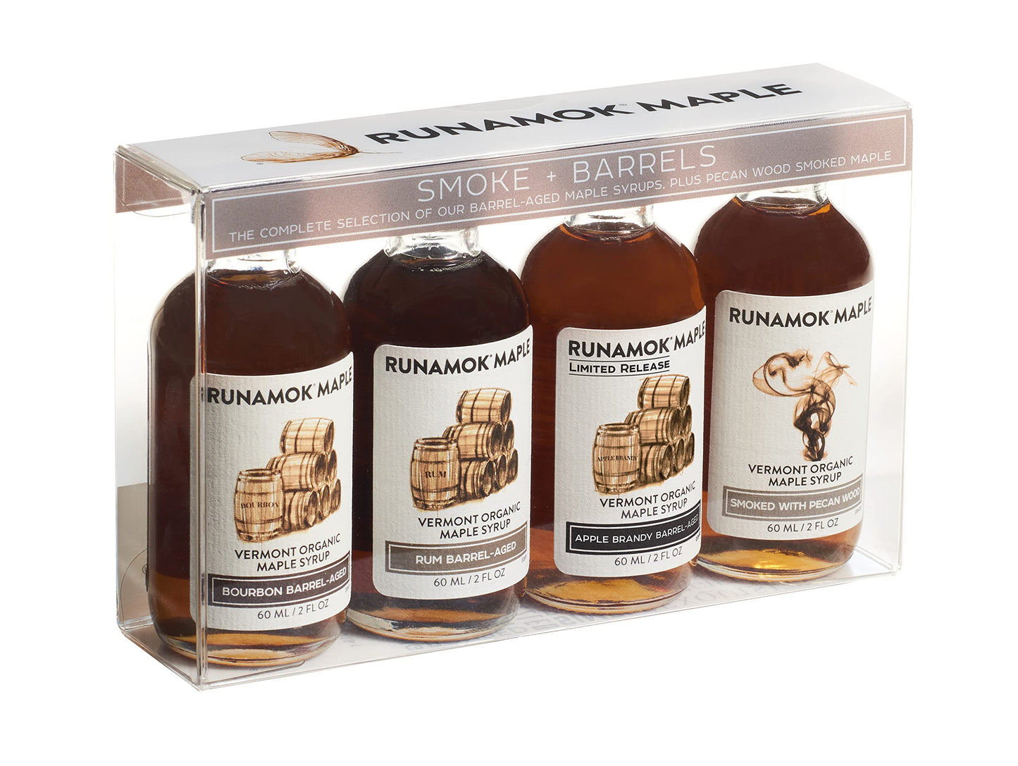 Runamok Organic Maple Syrup Sampler - Smoke & Barrels Collection - 2 oz (4 count) - Unique Smoked & Barrel Aged Maple Syrup