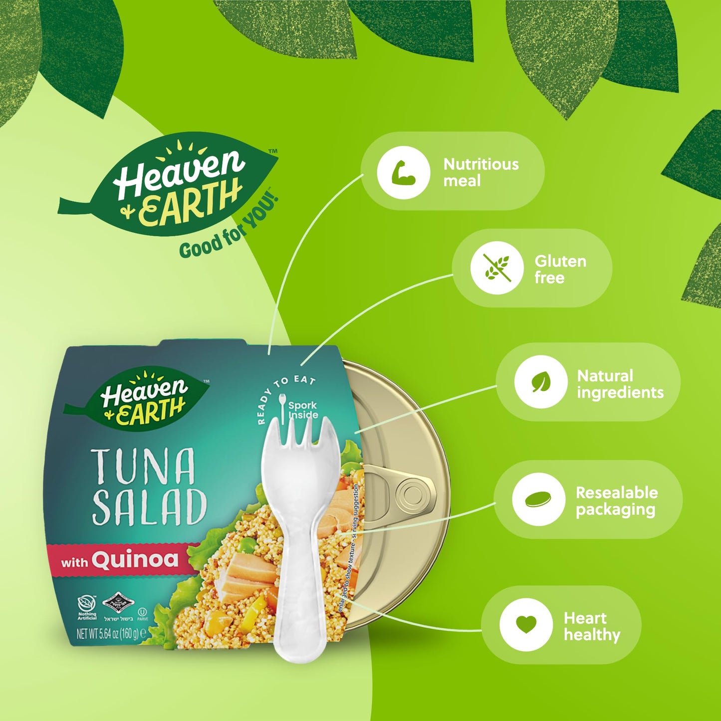 HEAVEN & EARTH Tuna Salad with Quinoa, 5.64oz (4 Pack), Travel Friendly, Spork Included