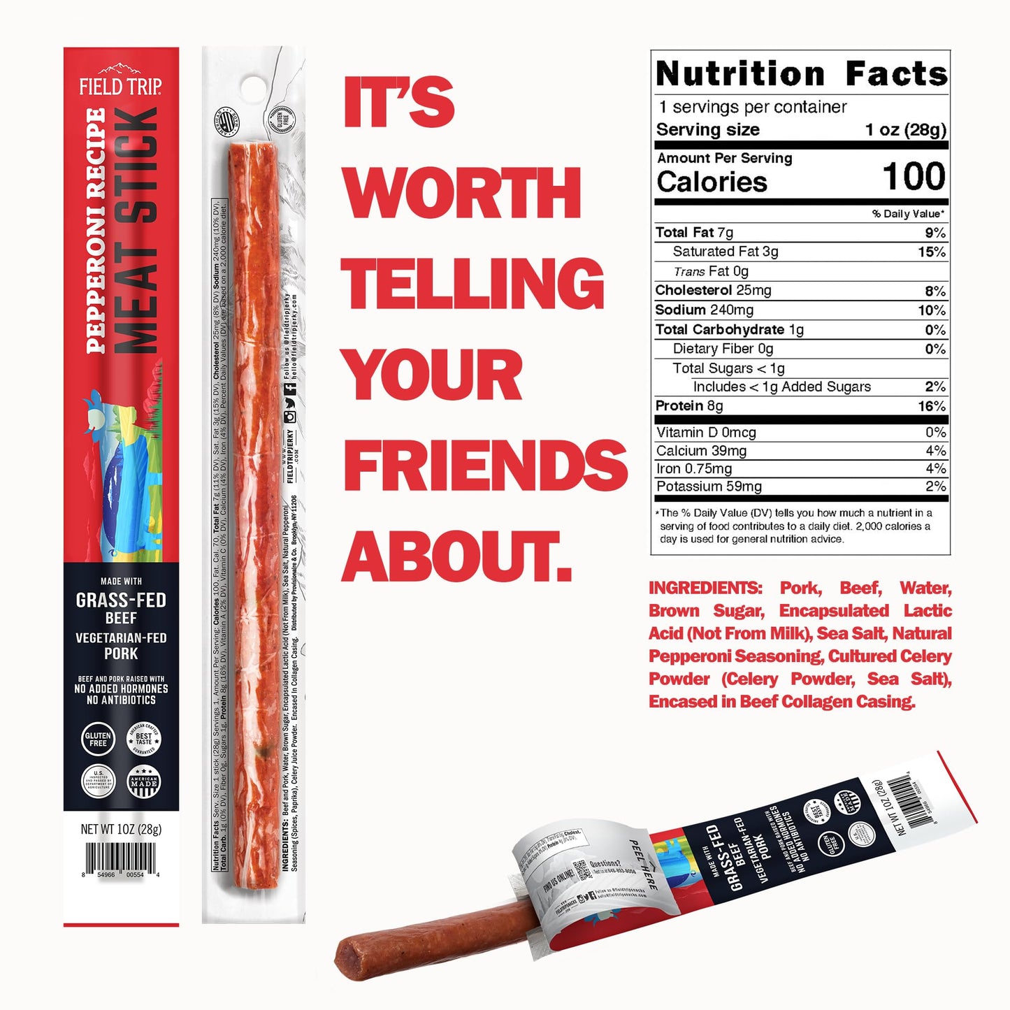 Field Trip Pepperoni Jerky Snack Sticks, Keto, Gluten Free, High Protein, 1oz, 10 Pack
