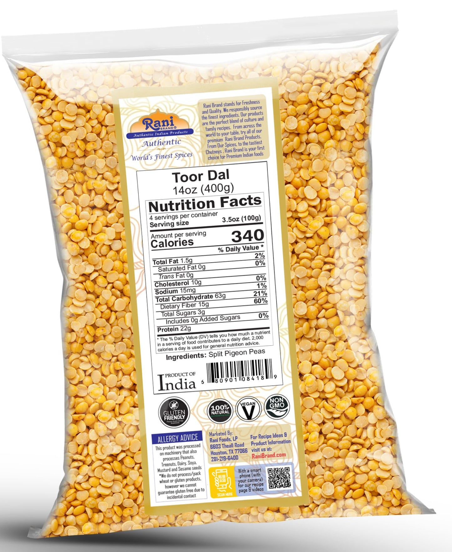Rani Toor Dal (Split Pigeon Peas) 14Oz (400G) ~ All Natural | Gluten Friendly | Non-Gmo | Kosher | Vegan | Indian Origin