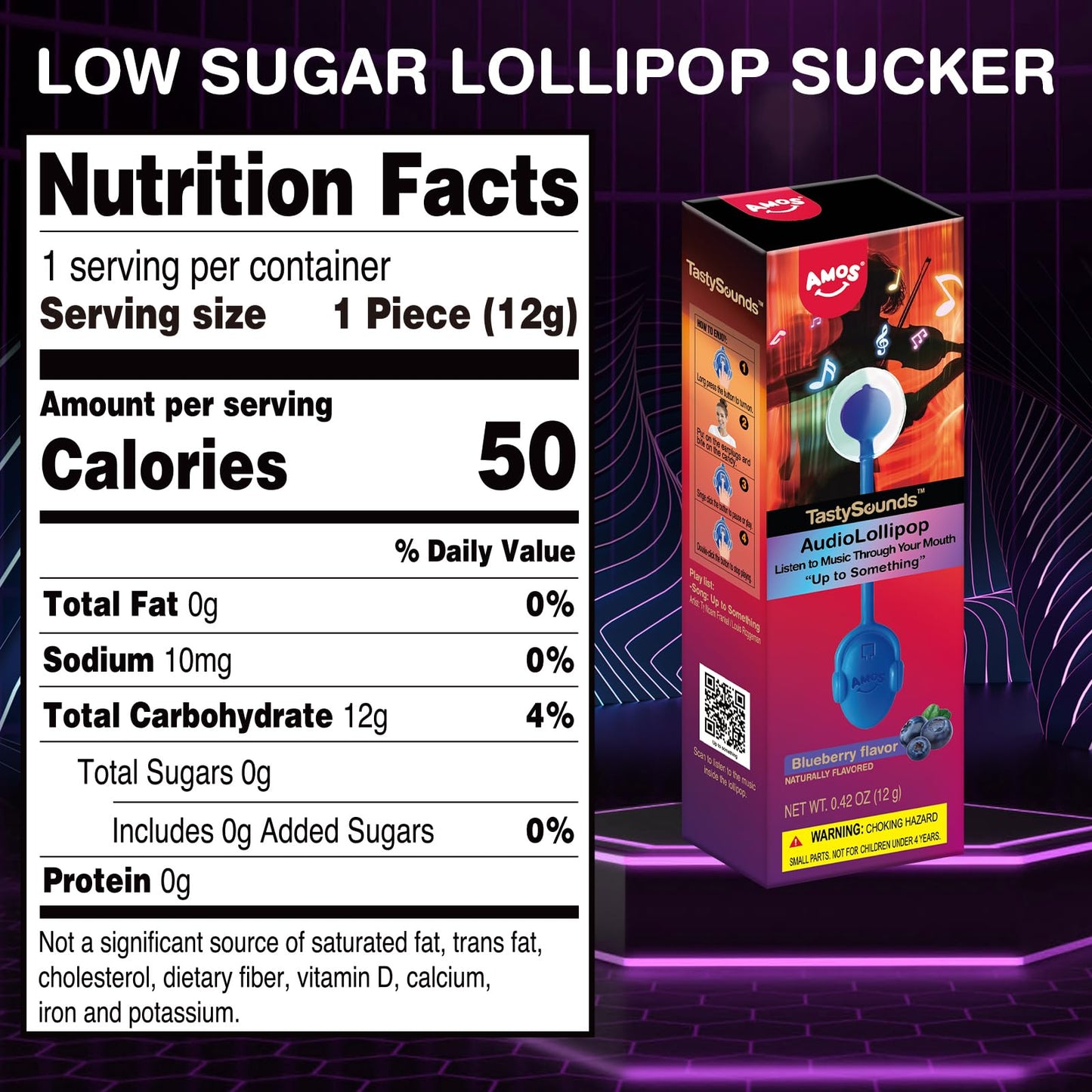 Amos Audio Lollipop (Natural Blueberry) Music Lollipop Suckers -Up To Something- Fat Free Singing Lollipop, For Kids Classmates