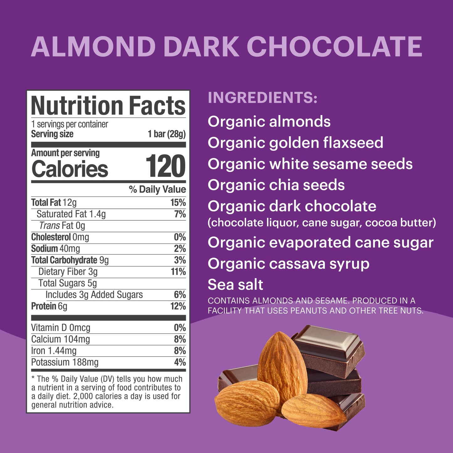 Tosi Dark Chocolate Almond Protein Bars, Plant Based With Nuts, Gluten-Free Crunchy Snacks, Vegan, Organic, Flax & Chia Seeds, S