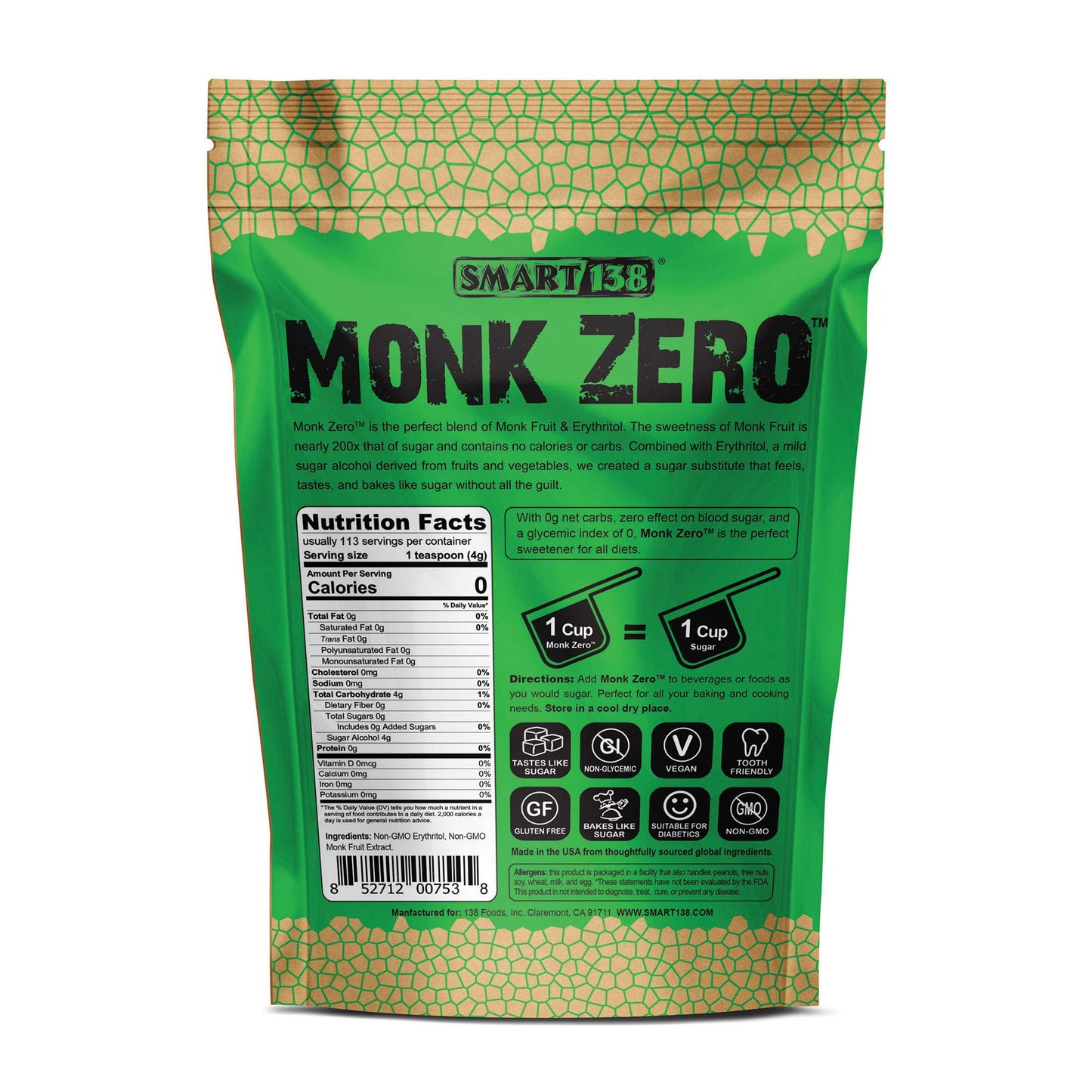 Monk Zero - Monk Fruit Sweetener, Non-Glycemic, Keto Approved, Zero Calories, 1:1 Sugar Substitute (Granular, 16Oz)