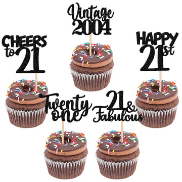 30Pcs Happy 21St Birthday Cupcake Toppers Glitter Twenty One Vintage 2002 Cupcake Picks 21 Fabulous Cheers To 21 Years Cake Deco