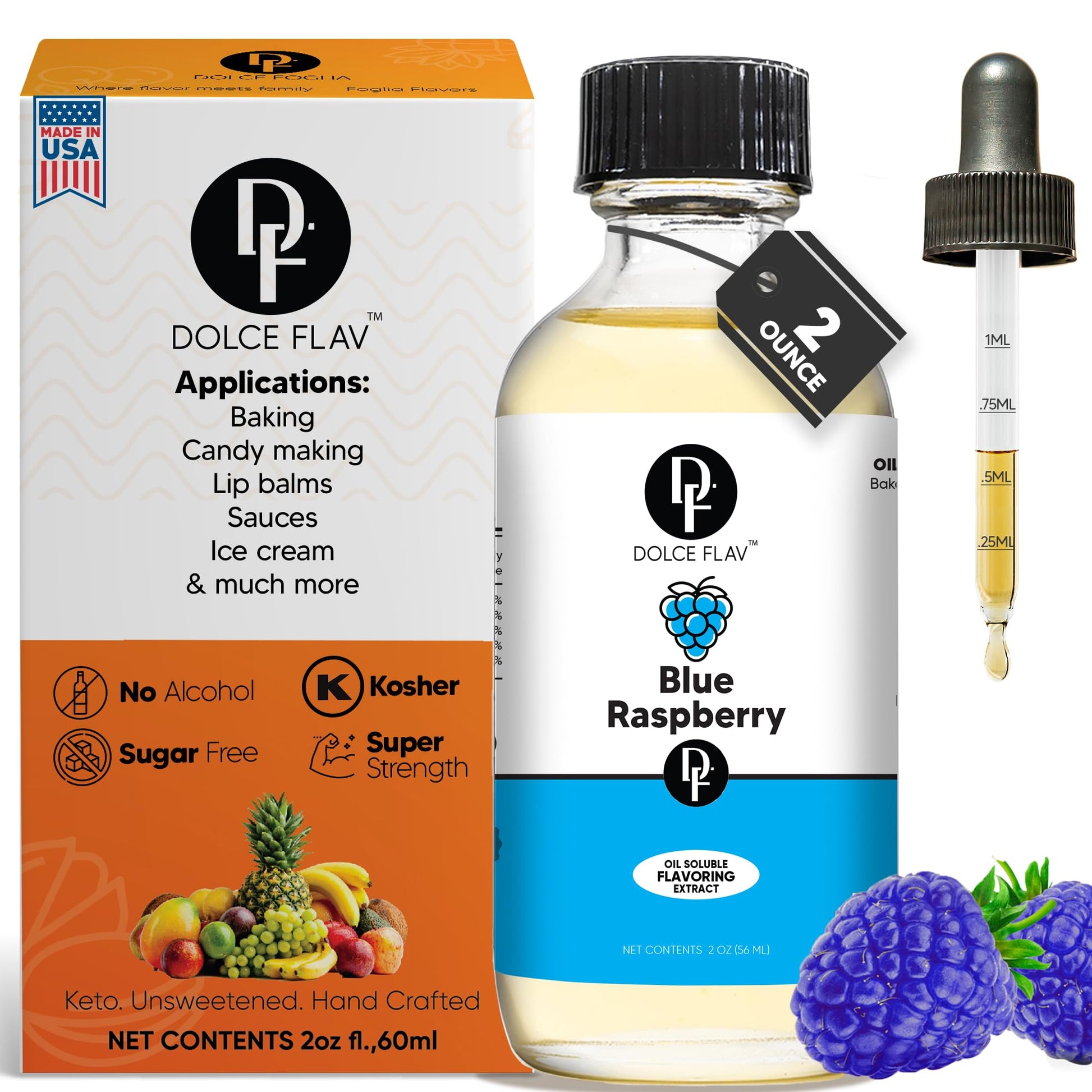 Dolce Flav Blue Raspberry Extract - 2 Ounce Oil-Soluble Multipurpose Flavoring Ideal for Candy Making, Baking, Lip Balm, and Ice