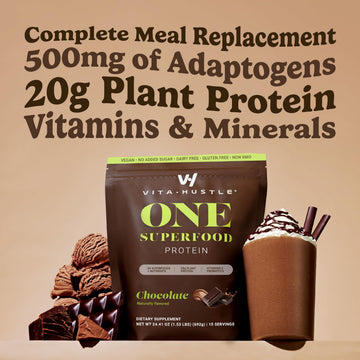VitaHustle ONE Meal Replacement Shake - Plant Based Protein Powder - Vegan - 11.91 oz (Pack of 2) - Chocolate Flavor