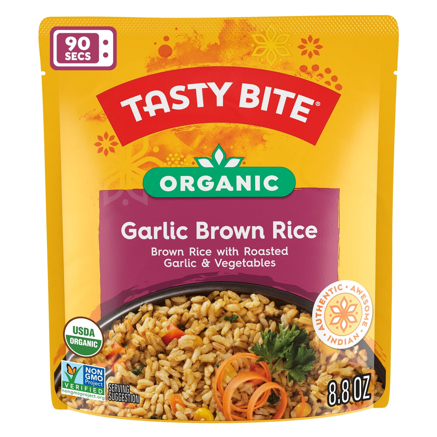 Tasty Bite Organic Brown Rice Garlic, 8.8 Ounce, Pack of 6, Ready to Eat, Microwavable, Gluten-Free Garlicky Rice