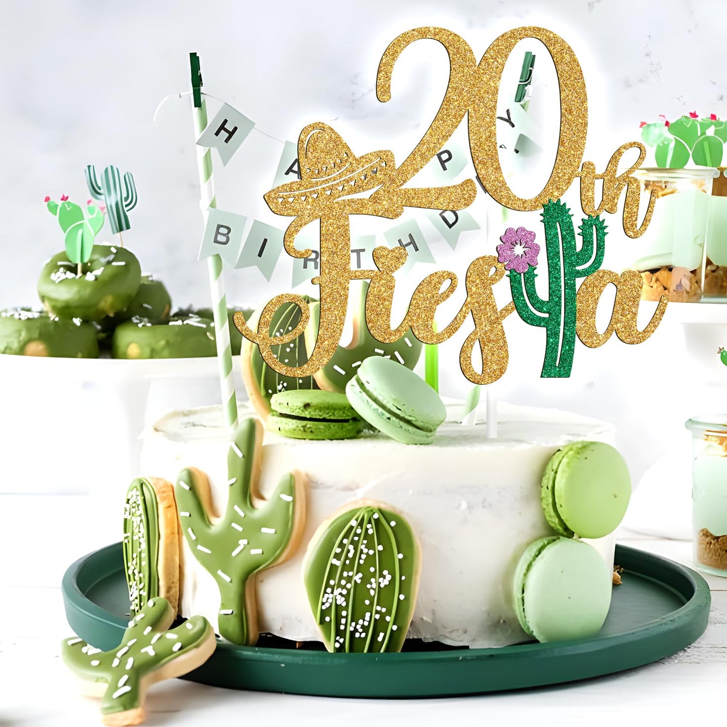 Tivurcia Fiesta 20th Cake Topper, Gold Tropical Birthday Decoration Supplies