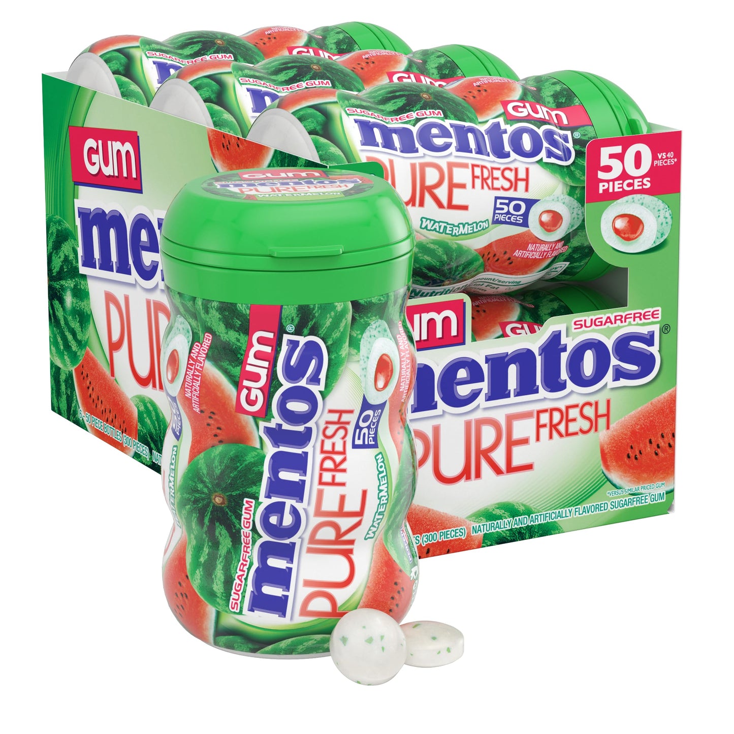 Mentos Pure Fresh Sugar-Free Chewing Gum with Xylitol, Watermelon, Holiday Candy, Bulk, 50 Piece Bottle (Pack of 6)