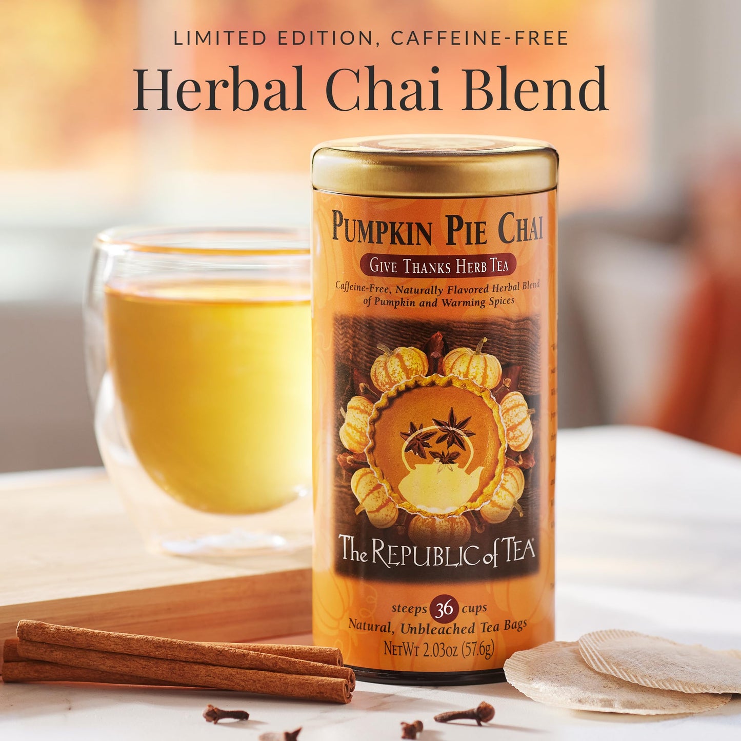 The Republic of Tea Pumpkin Pie Chai Herbal Tea, 36 Naturally Caffeine-Free Tea Bags