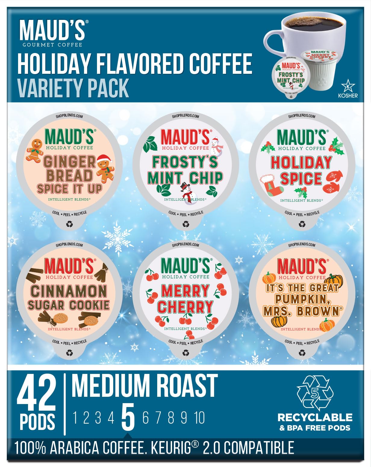 Mauds Holiday Flavored Coffee Pods Variety Pack  42 ct | 6 Assorted Blends | 100% Arabica Flavored Coffee | Solar Energy Produced Recyclable Single Serve Pods Compatible with Keurig K-Cup malt-inspired