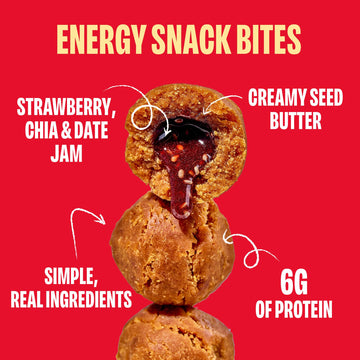 Smash Foods Strawberry Energy Bites | 5 Gluten-Free Vegan Snack Balls with No Sugar Added | 6g Protein, Superfood Jam, Chia Seed