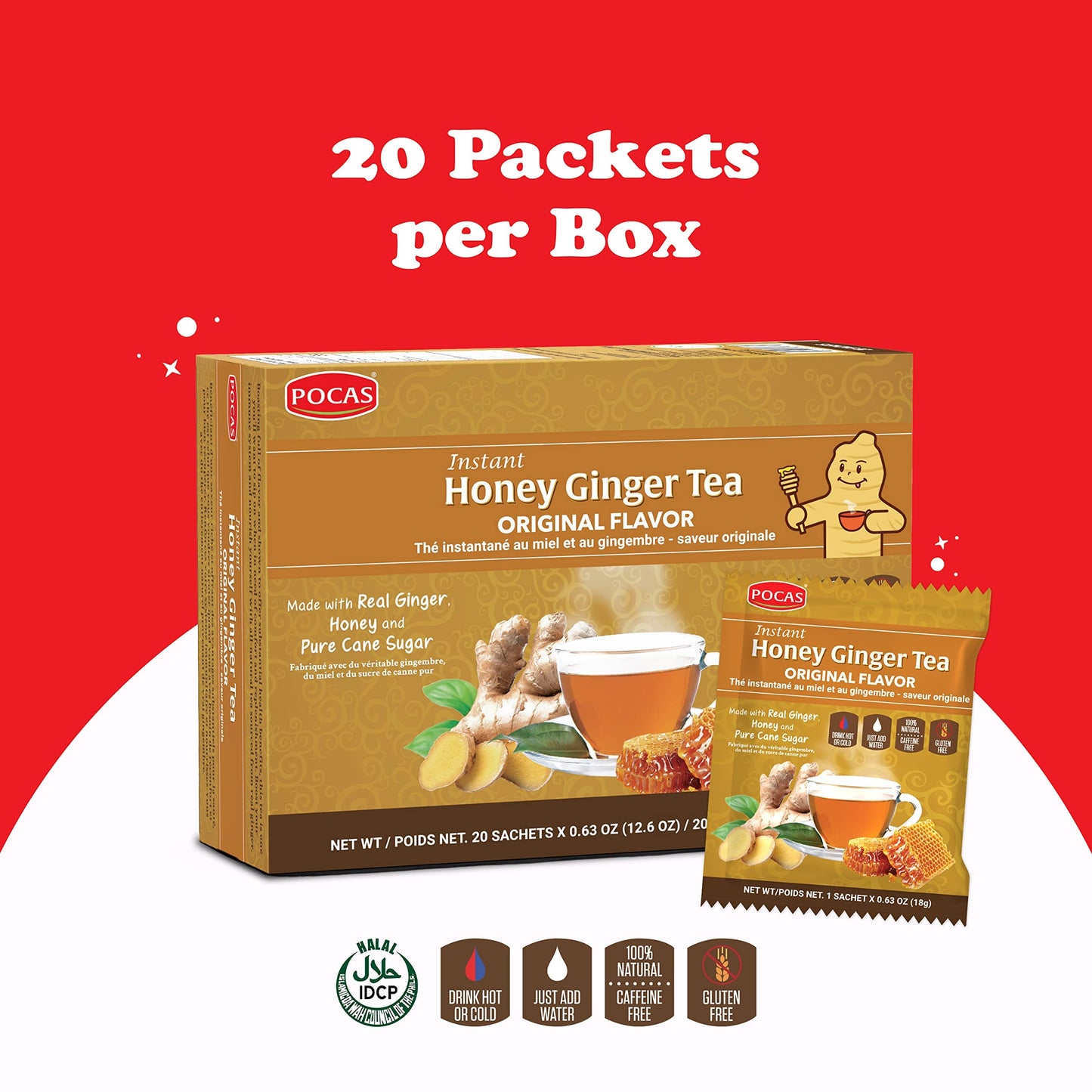 Pocas Honey Ginger Instant Tea Powder - Caffeine-Free, 20 Packets per Box, 2-Pack, with Ginger Extract & Real Honey