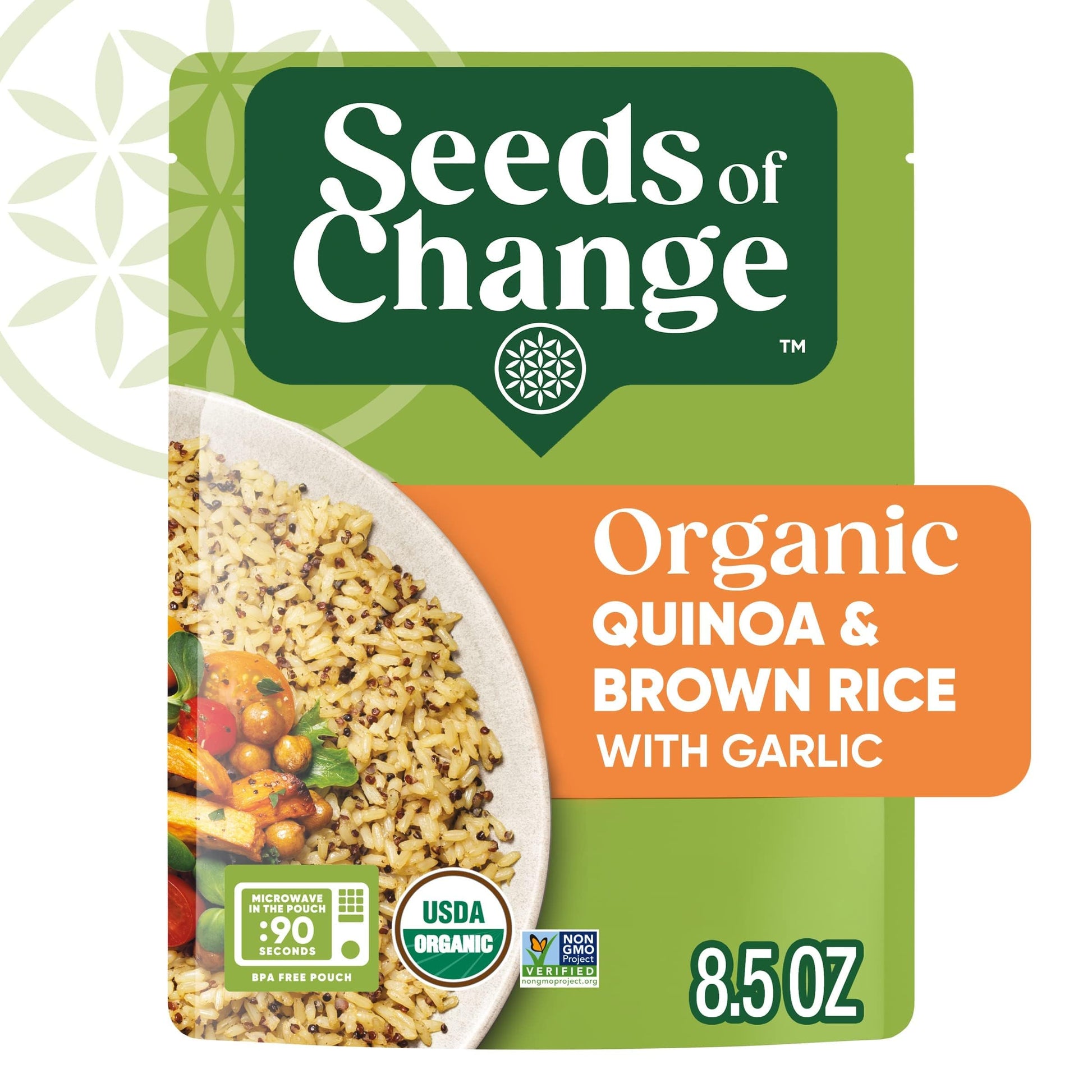 SEEDS OF CHANGE Organic Quinoa & Brown Rice with Garlic, Microwaveable Ready to Heat, 8.5 Ounce (Pack of 12)
