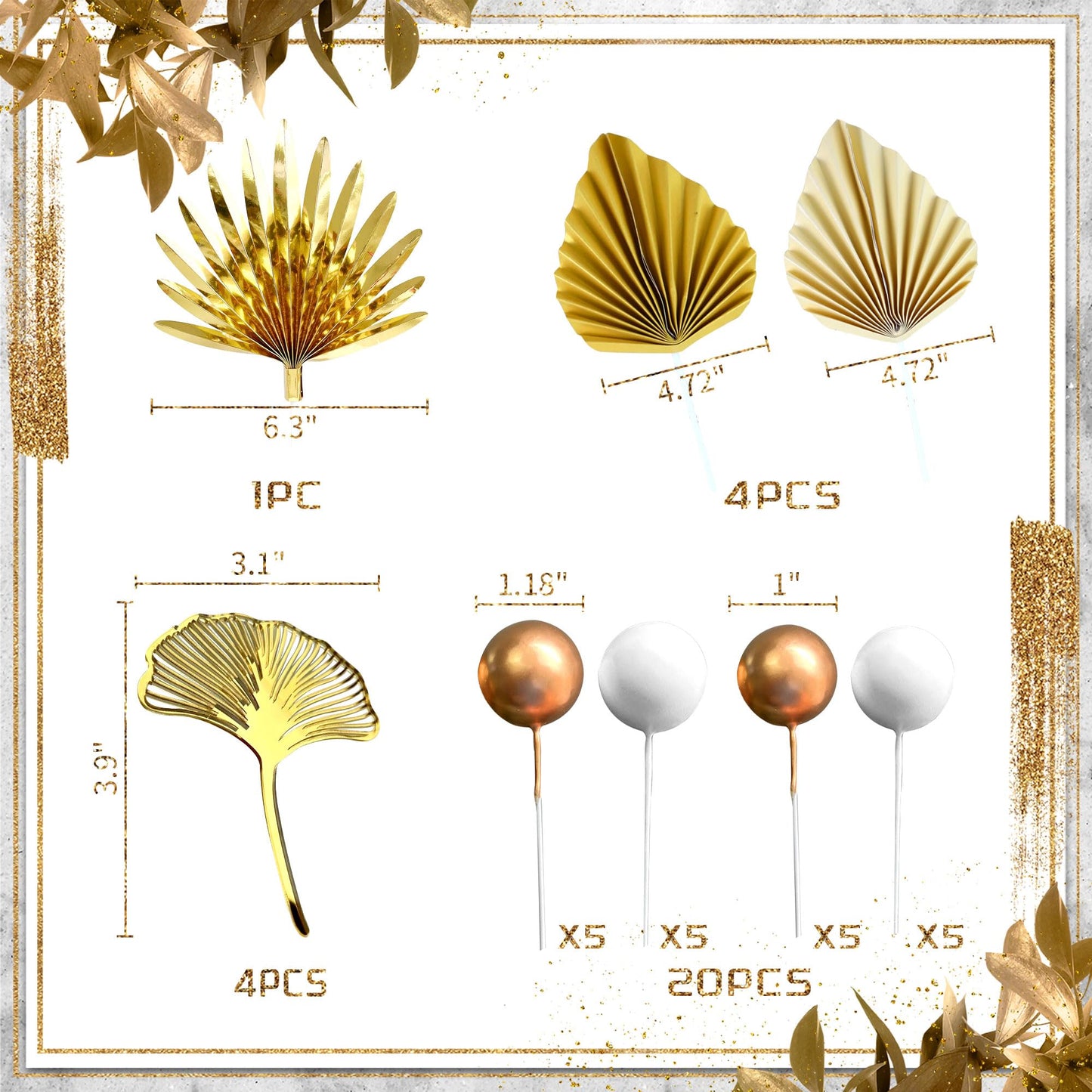 LaVenty Cake Decoration - Champagne Rose with Gold Balls & Palm Leaves, 2x4, Golden Color, Boho Party Supplies