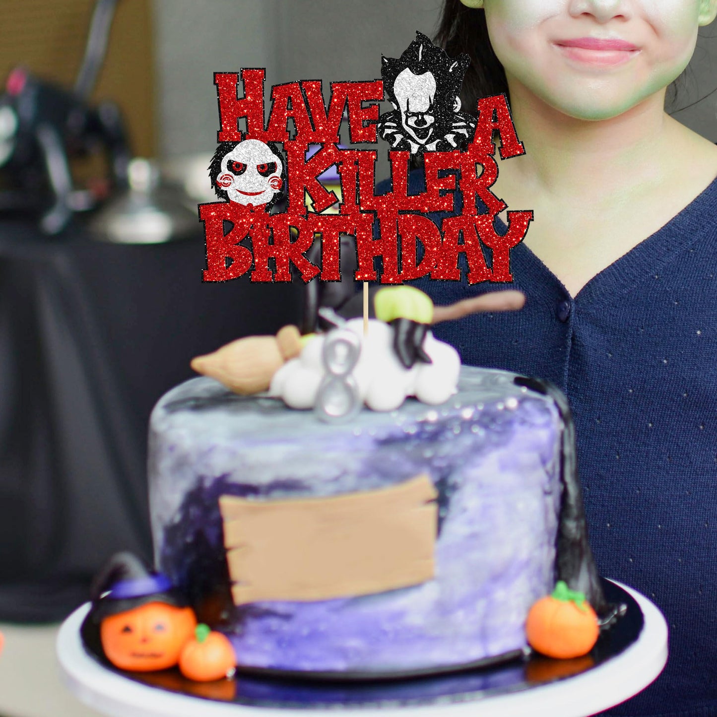 Gyufise 1Pcs Have A Killer Birthday Cake Topper Glitter Horror Classic Birthday Halloween Cake Pick For Bloody Horror Halloween