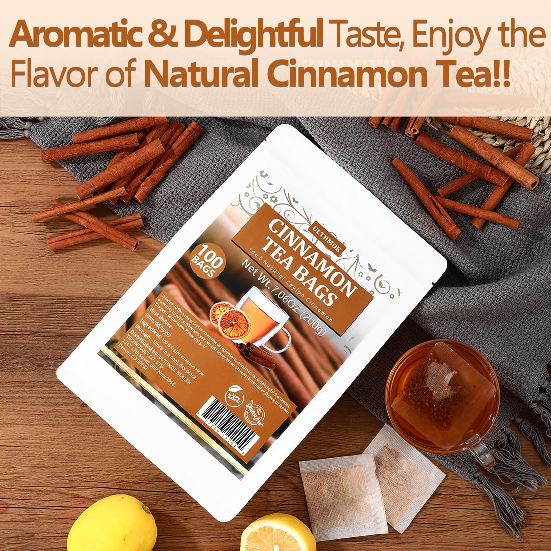 ULTHMOK Ceylon Cinnamon Tea Bags, 100% Pure, Caffeine Free, 100 Count, No Additives