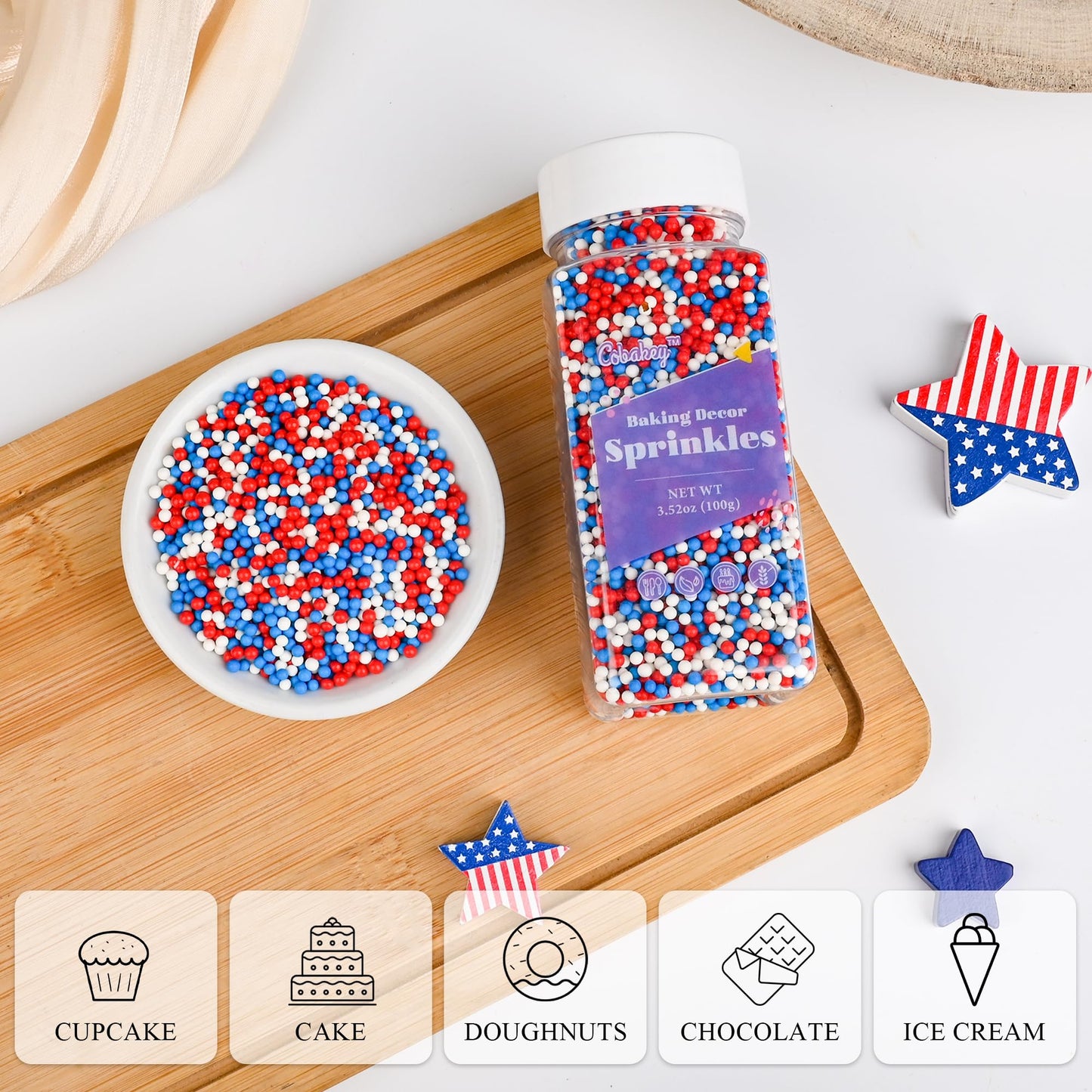 Cobakey Patriotic Sprinkles For Baking, 4Th Of July Sprinkles For Cupcakes, Red White And Blue Nonpareils Candy Perfect For Inde
