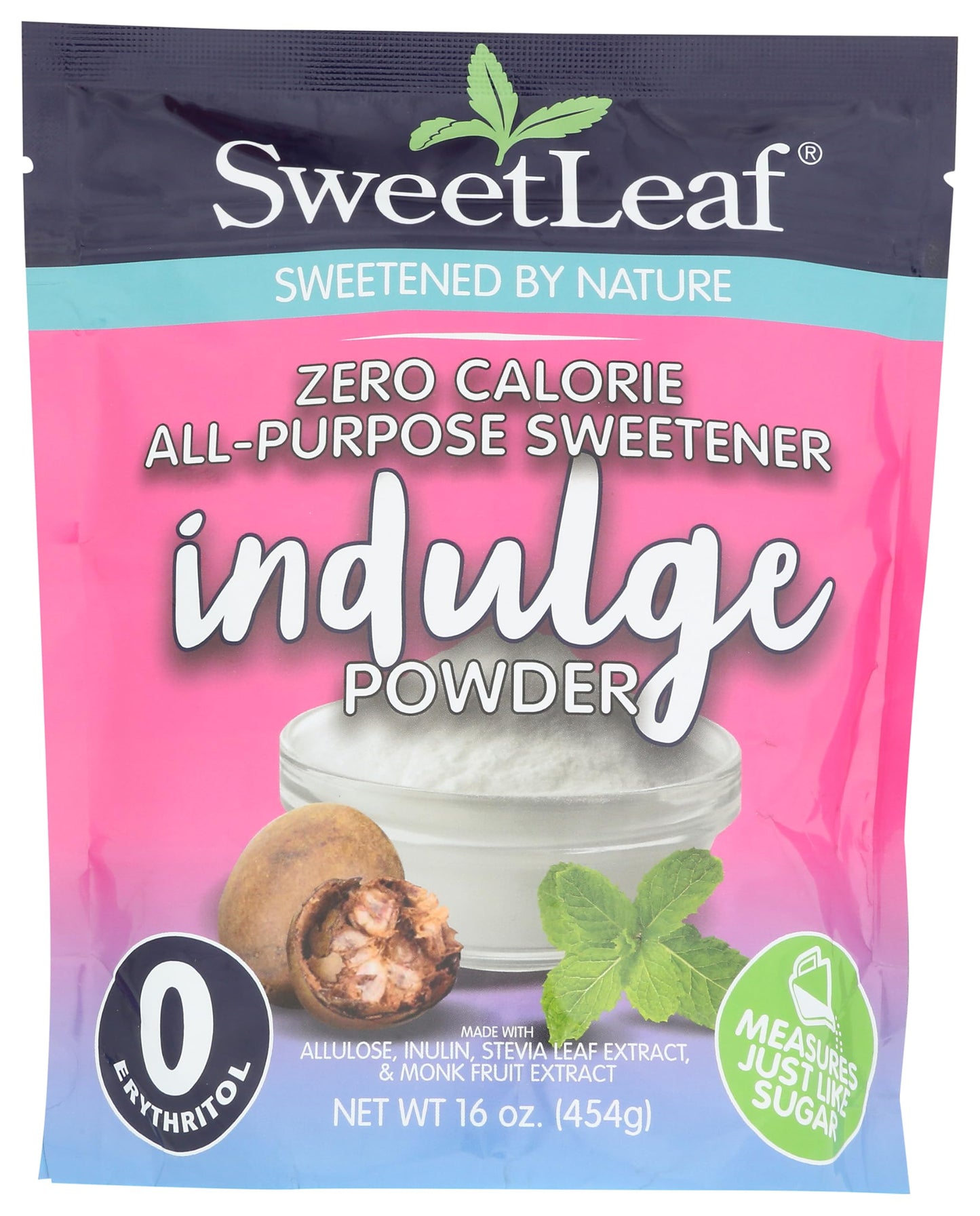 SweetLeaf Indulge Powder Sugar Replacement, Allulose & Monk Fruit Blend, Zero-Calorie, 16 Oz