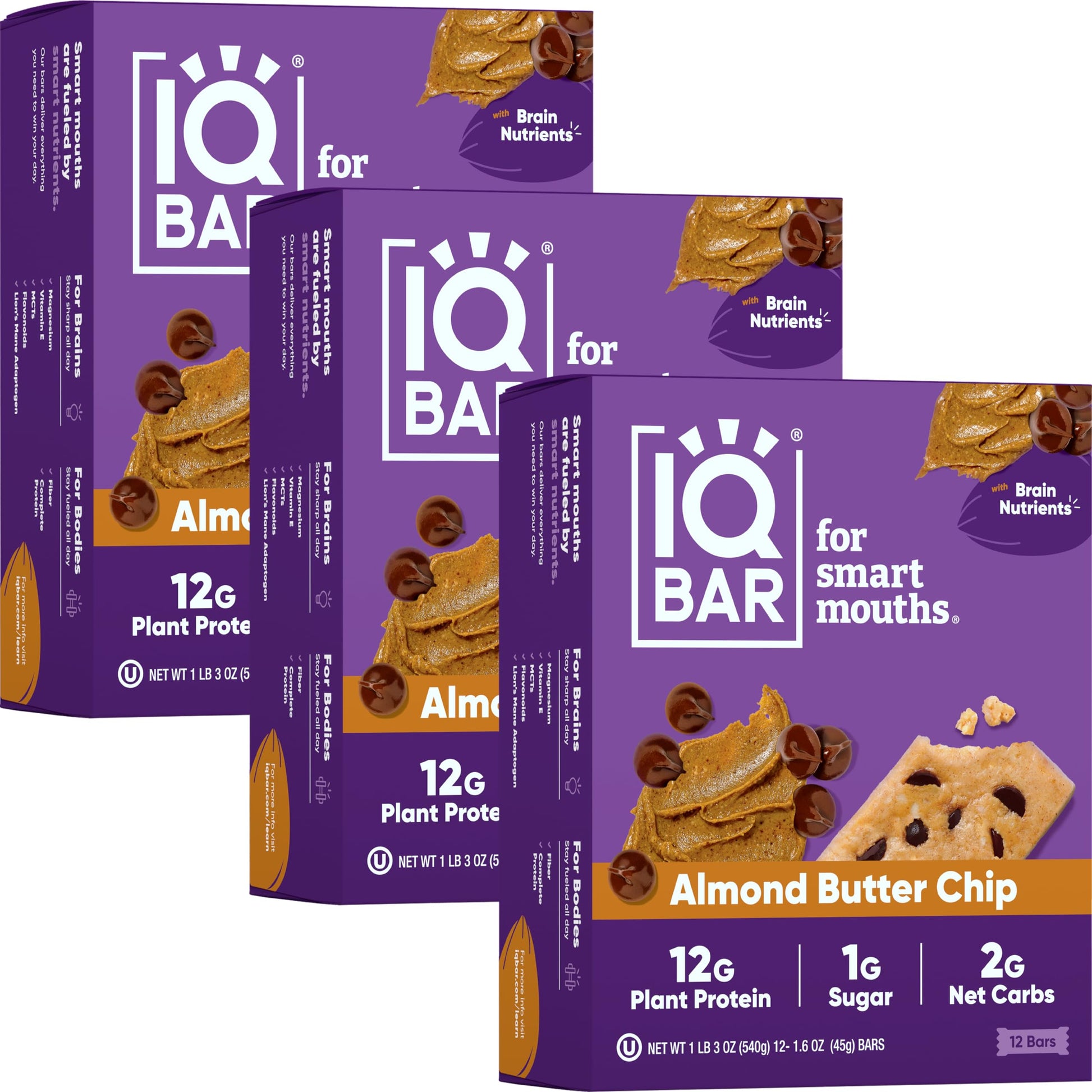 Iqbar Brain And Body Plant Protein Bars - Almond Butter Chip - 36 Count, Low Carb, High Fiber, Gluten Free, Vegan Snacks - Low S