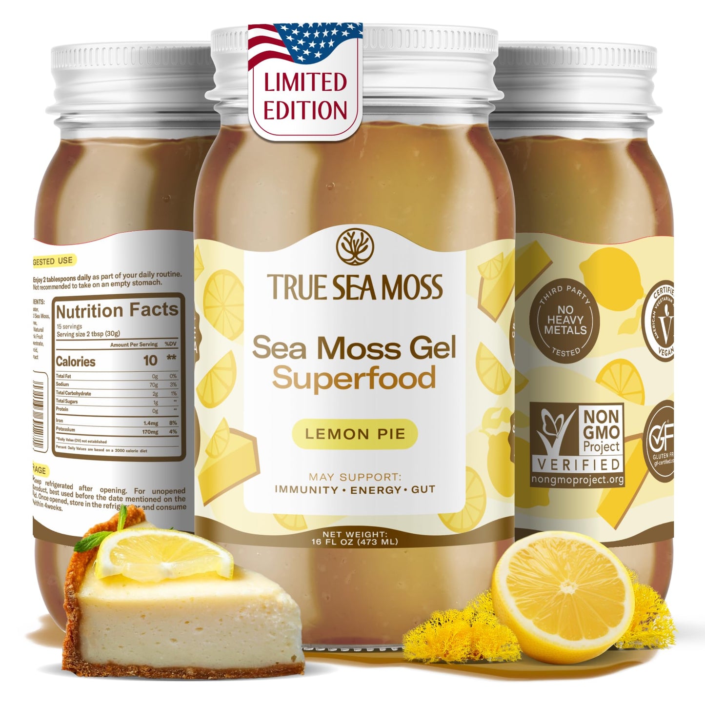 TrueSeaMoss Sea Moss Gel - Made in USA - Wildcrafted Seamoss, Fresh Fruits & Sea Vegetables - Lemon Pie, Pack of 1 (Labels may V