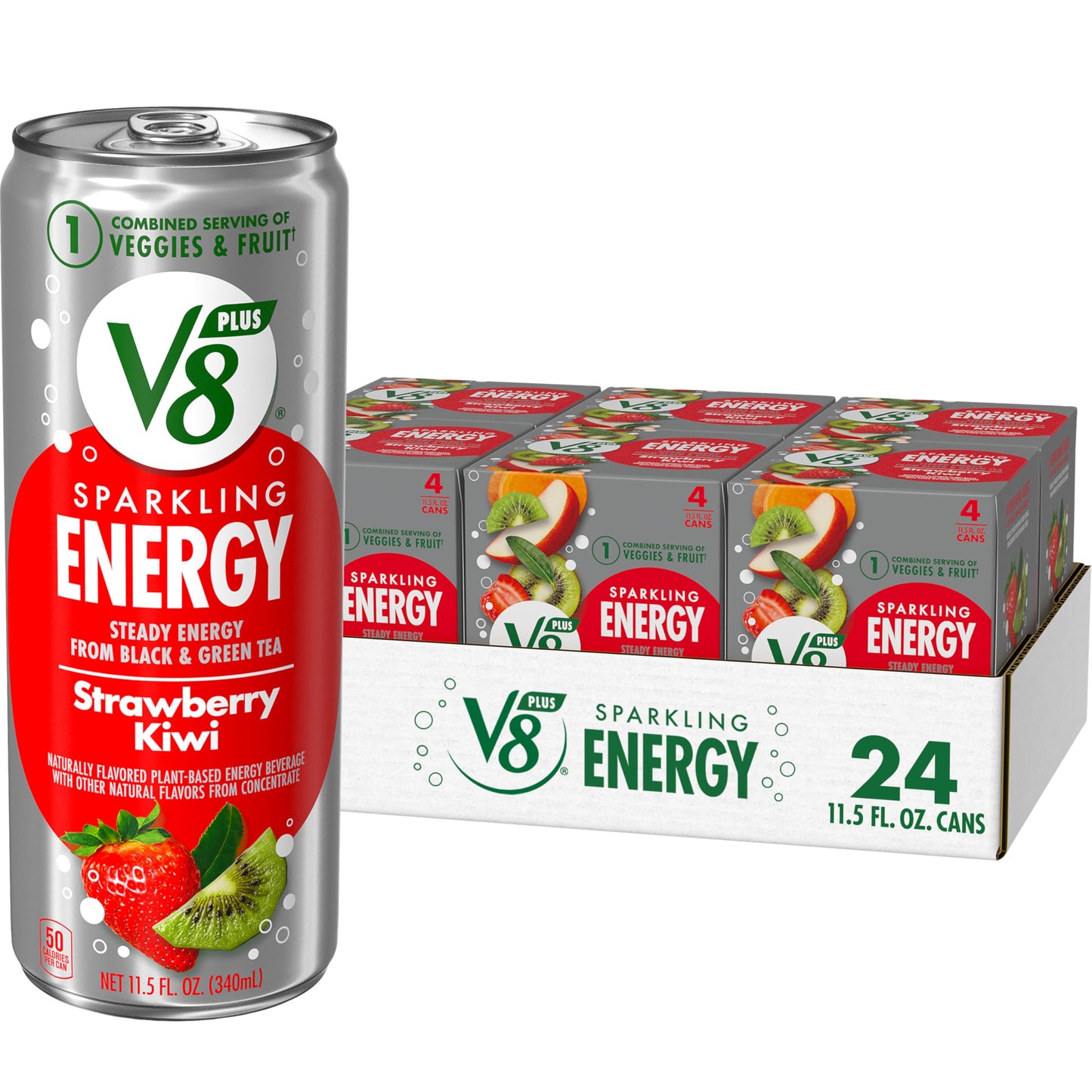 V8 +ENERGY Strawberry Kiwi Energy Drink, Pack of 24 (11.5 Fl Oz), Made with Real Juices, Model 200000027624