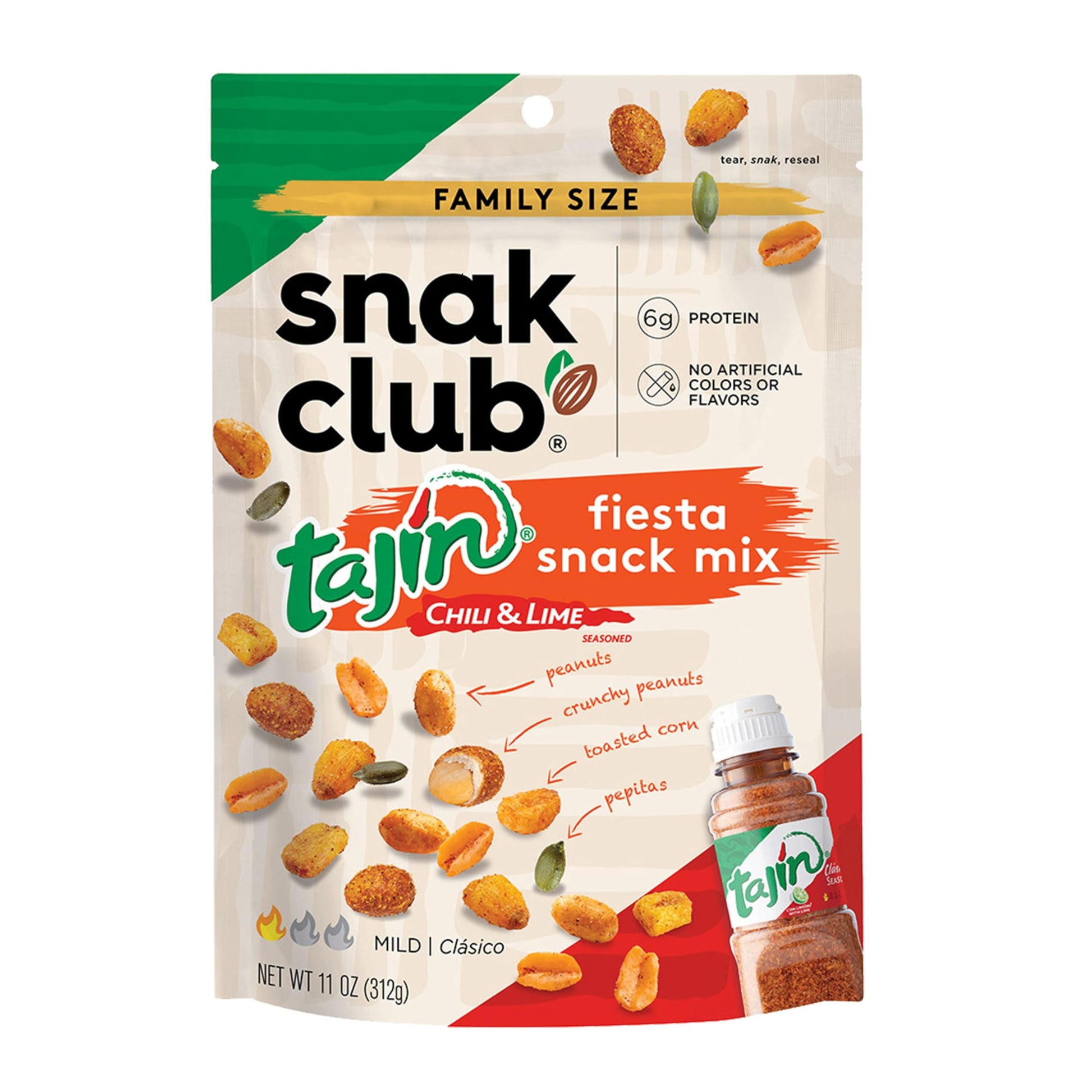 Snak Club Tajin Fiesta Snack Mix, Peanuts & Corn, Mild Chili Lime, 11 oz Resealable Bag
