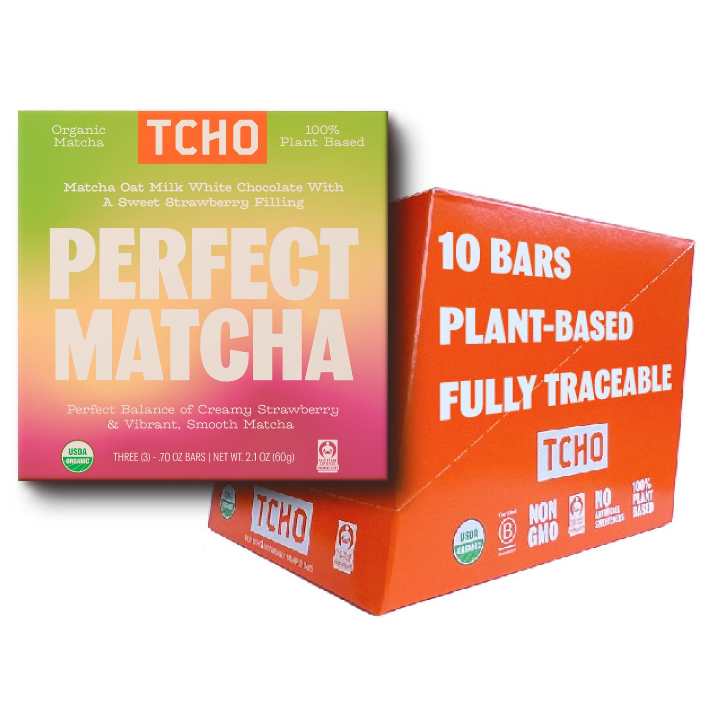 TCHO Perfect Matcha Chocolate Bar 10 Pack - Organic Oat Milk Chocolate with Matcha Shell and Strawberry Filling - Plant-Based No