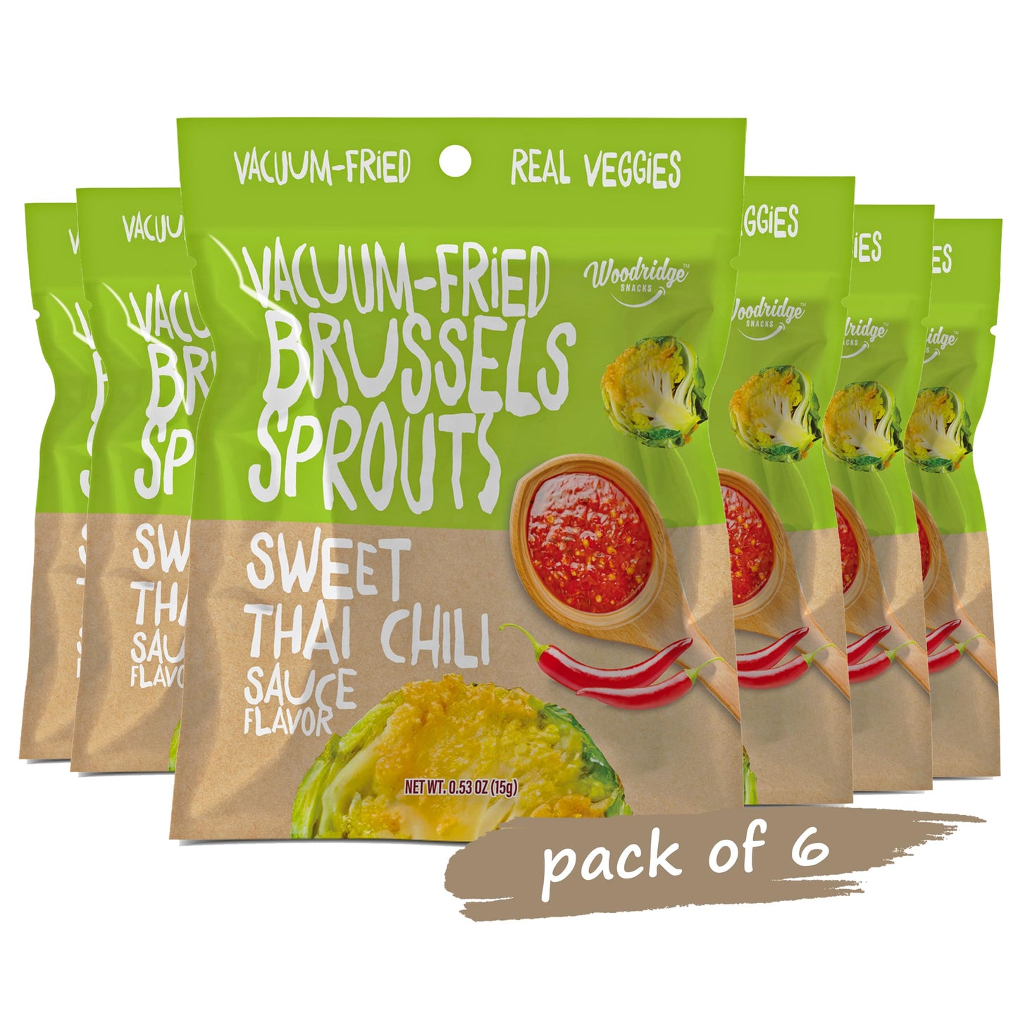 Woodridge Vacuum Fried Brussels Sprouts, Thai Chili Sauce, 6 Pack, 0.53 OZ Bags
