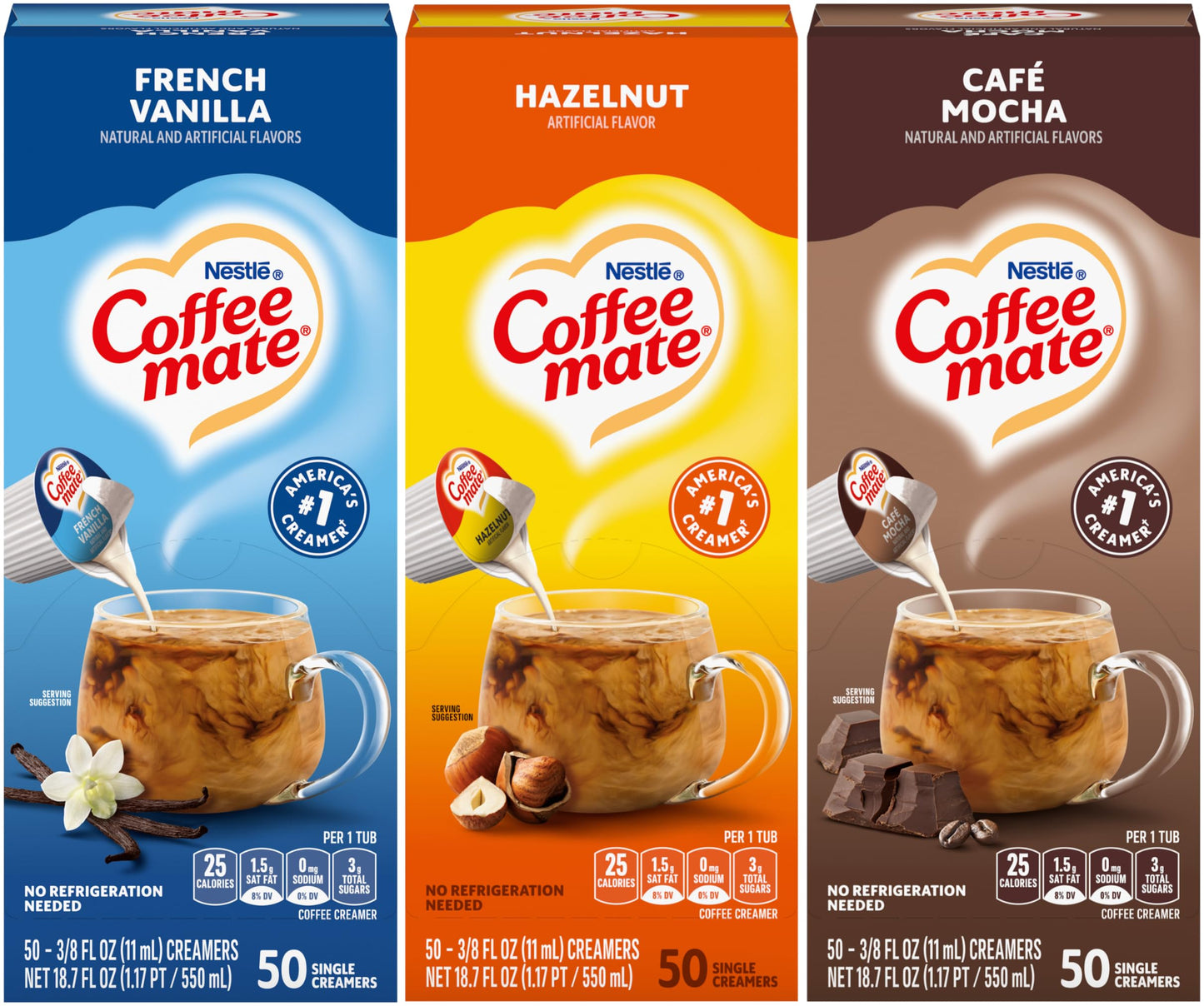 Nestle Coffee mate Liquid Coffee Creamer Singles Variety, 1 of each French Vanilla, Hazelnut, Cafe Mocha, 50 Ct Box