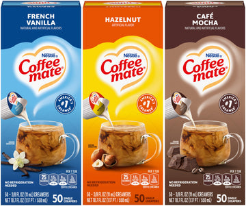 Nestle Coffee mate Liquid Coffee Creamer Singles Variety, 1 of each French Vanilla, Hazelnut, Cafe Mocha, 50 Ct Box
