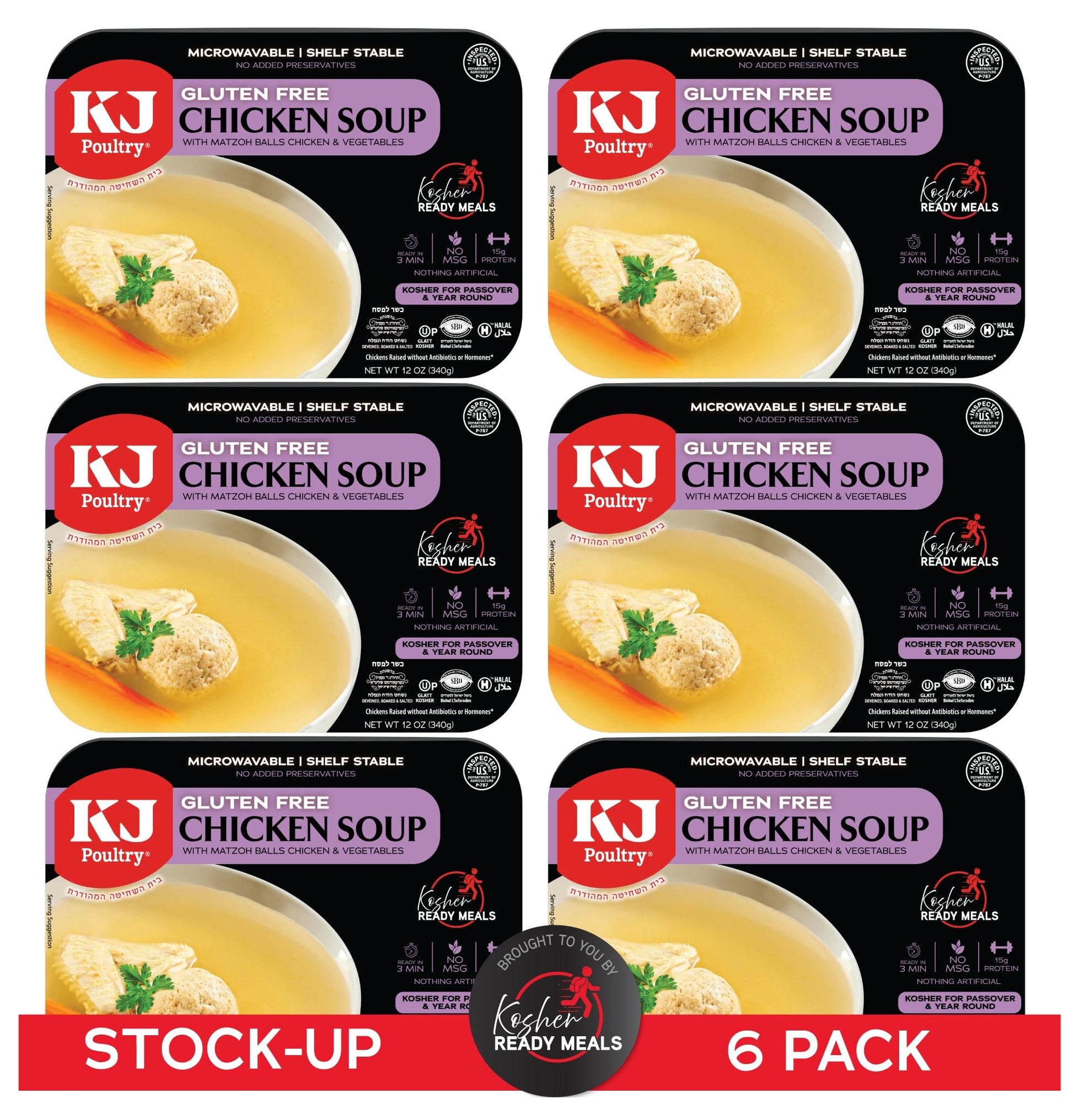 KJ Poultry Kosher for Passover Gluten Free Meals, Chicken Soup with Non Gebrokts Matzo Balls, Halal, (6 Pack) Prepared Entree Fu