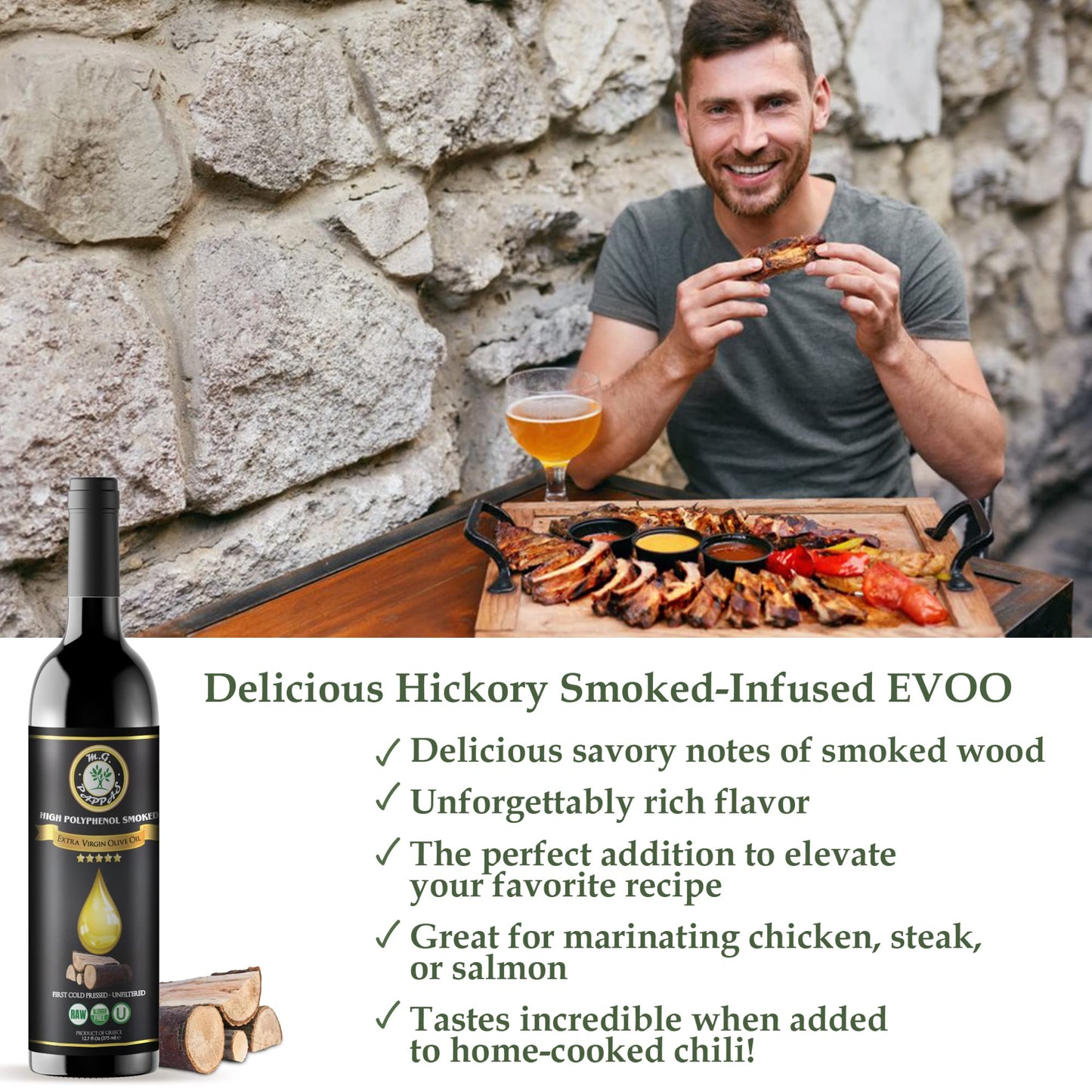 M.G. Pappas High Polyphenol Rich Smoked Infused Olive Oil Extra Virgin - Over 500Mg/Kg- Unfiltered First Cold Pressed Greek Evoo - Award Winning – 12.7 Oz 375Ml
