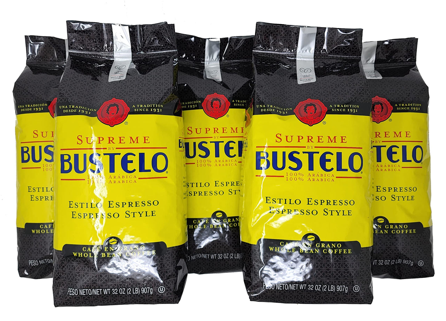 Supreme By Bustelo Whole Bean Espresso Coffee, Five 32-Ounce Bags (10 Pounds) With Complimentary 5-Count, Eco-Friendly And Indiv
