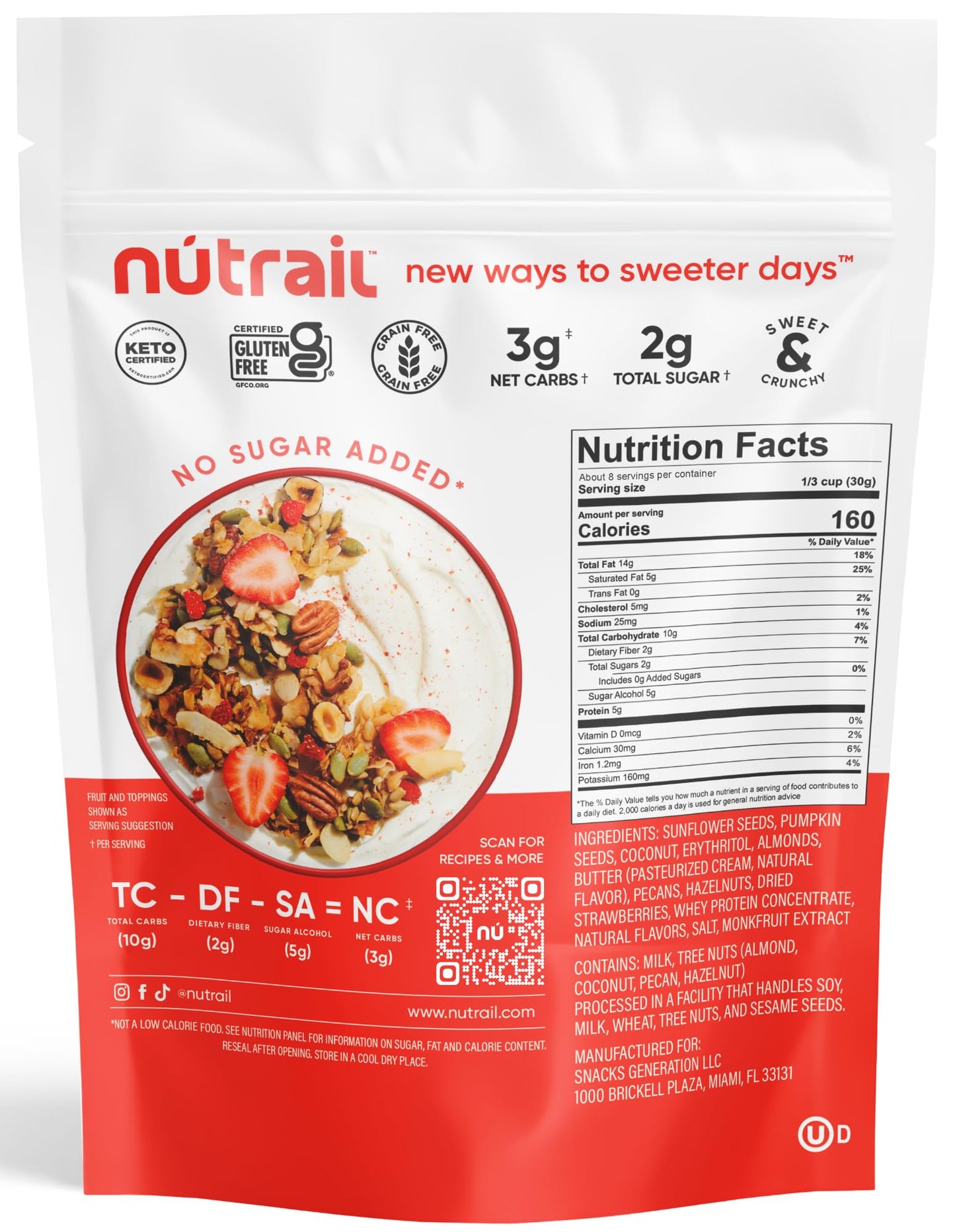 NuTrail Nut Granola Cereal, Vanilla Strawberry, Keto, Low Carb, Gluten Free, 8 oz. (Pack of 3)