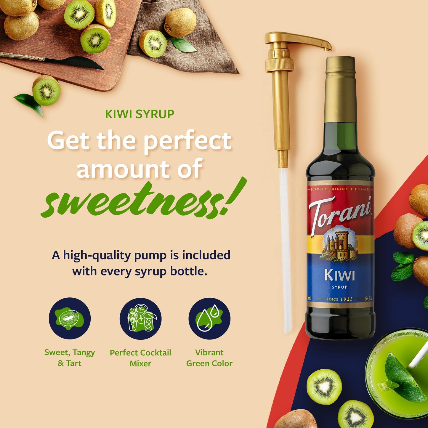 Torani Kiwi Syrup For Drinks, Flavoring For Iced Tea, Lemonade, Sodas, And Cocktails, Pump Included, 25.4 Oz