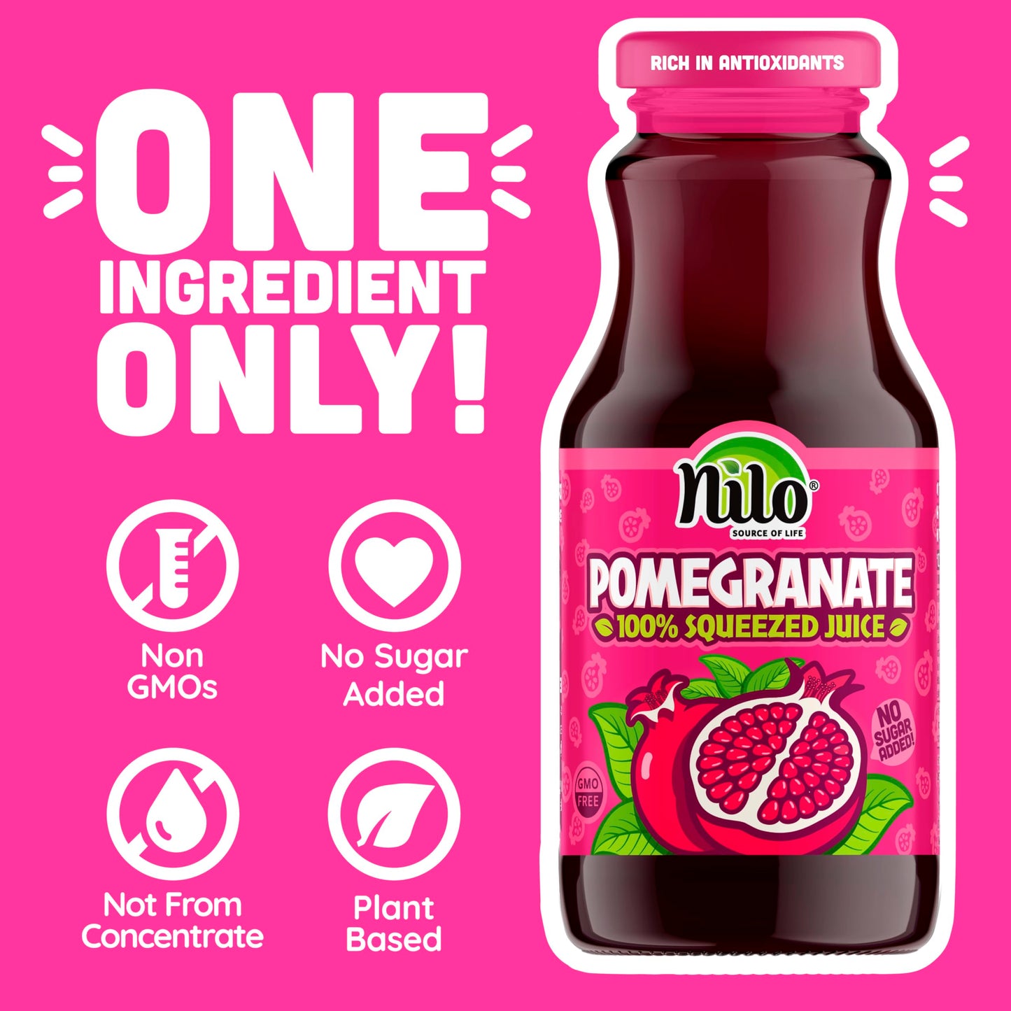 Nilo Pomegranate Juice | 100% Squeezed Pomegranate Granada | No Sugar Added | Non Gmo | Not From Concentrate | 8.45 Oz (Pack Of