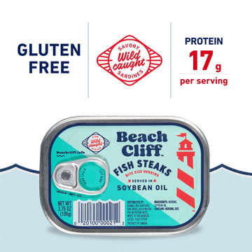 Beach Cliff Wild Caught Fish Steaks In Soybean Oil, 3.75 Oz Can (Pack Of 12) - 17G Protein Per Serving - Great For Pasta & Seafo