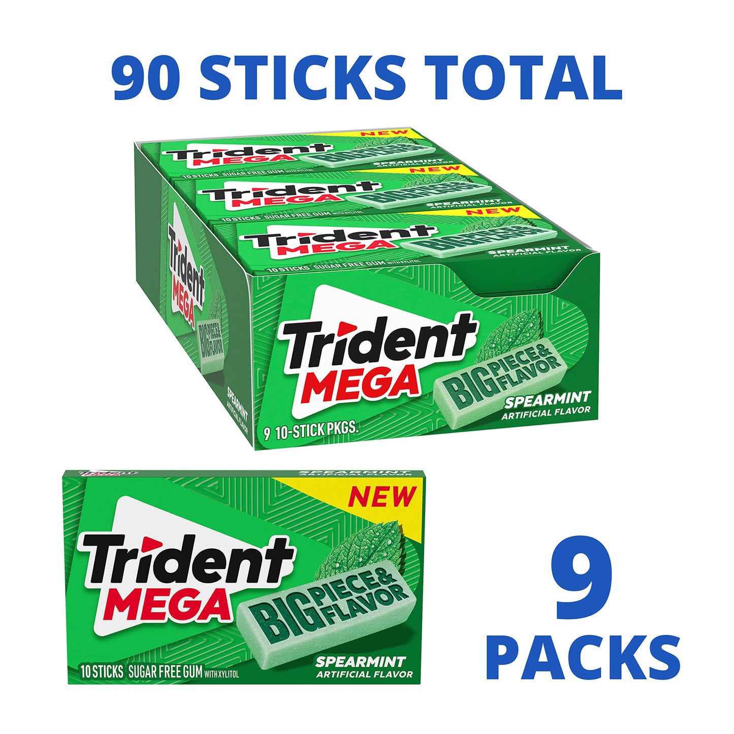 Trident Mega Spearmint Sugar Free Gum, 9 Packs Of 10 Pieces (90 Total Pieces),10 Count (Pack Of 9)