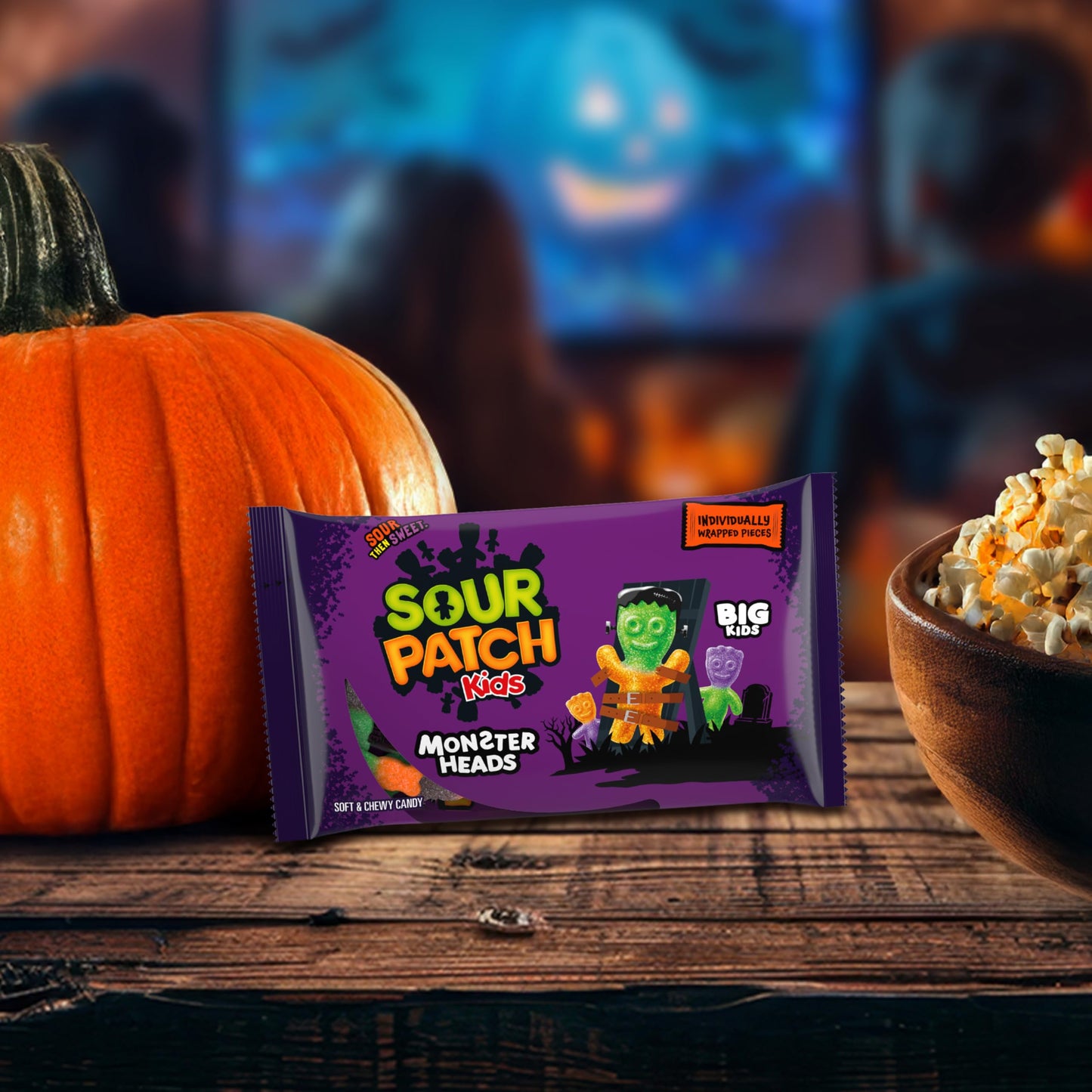 SOUR PATCH KIDS Big Kids Monster Heads Individually Wrapped Soft & Chewy Halloween Candy, 10 oz