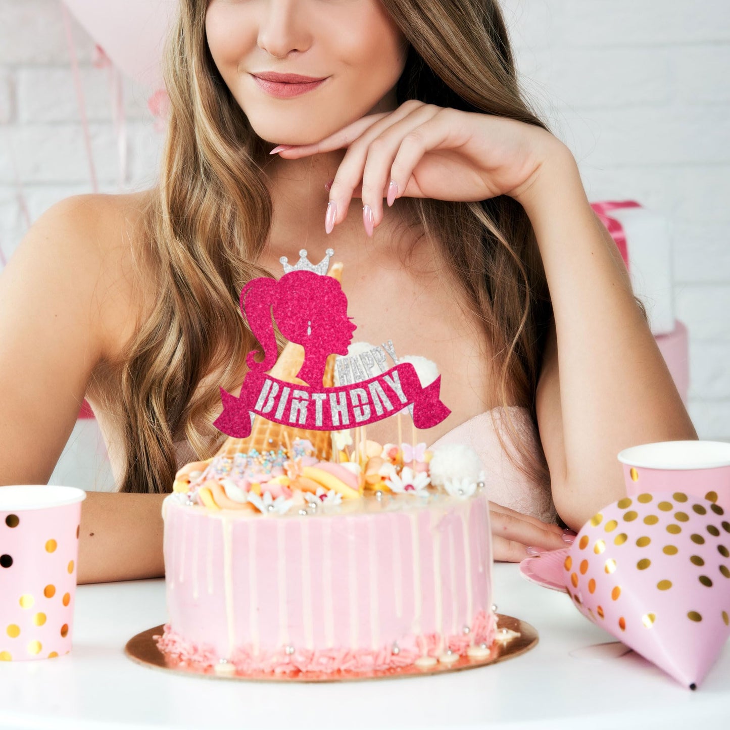 Gyufise Glitter Crown Cake Topper for Girls - Small Paper Birthday Decoration - 1pc