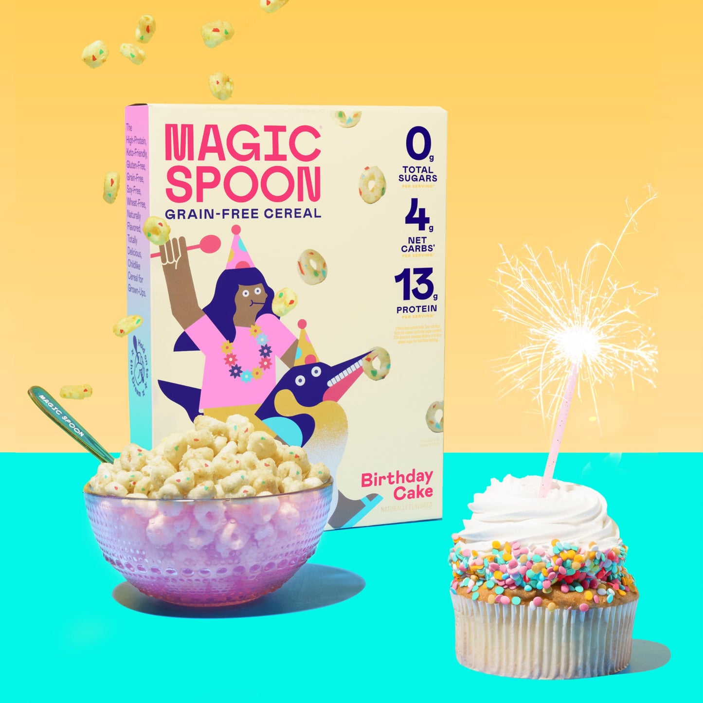 Magic Spoon Cereal - Birthday Cake 4-Pack Of Cereal And Spoon - Keto & Low Carb Lifestyles, Gluten & Grain Free, High Protein, 0