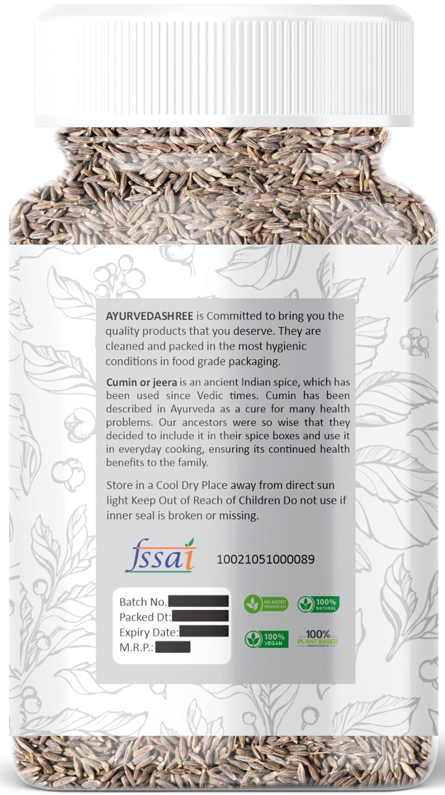 Ayurvedashree Cumin Seeds Whole (Jeera) Spice 100G, All Natural | Premium Quality |100% Pure | Non-Gmo | Vegan | Indian Origin |