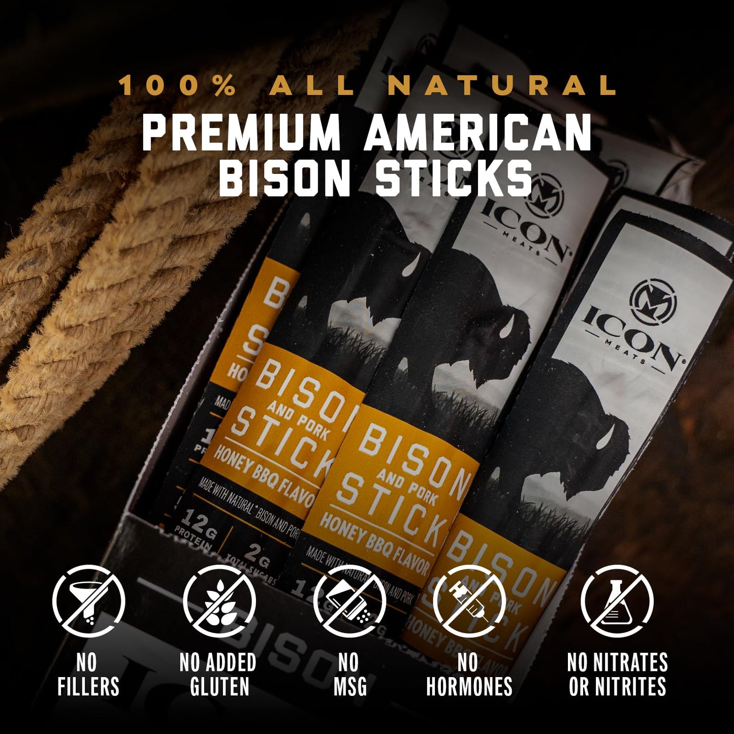 ICON Bison and Pork Snack Sticks, Honey BBQ Flavor, 24 Pack, All Natural, High Protein, Low Calorie, Low Sugar